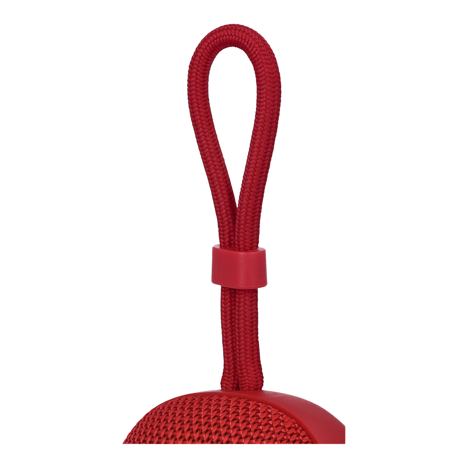 En detaljerad vy av en röd vävd ögla med ett rött plastspänne fäst på toppen av en Bright Bluetooth-högtalare, som är inlindad i rött tyg.