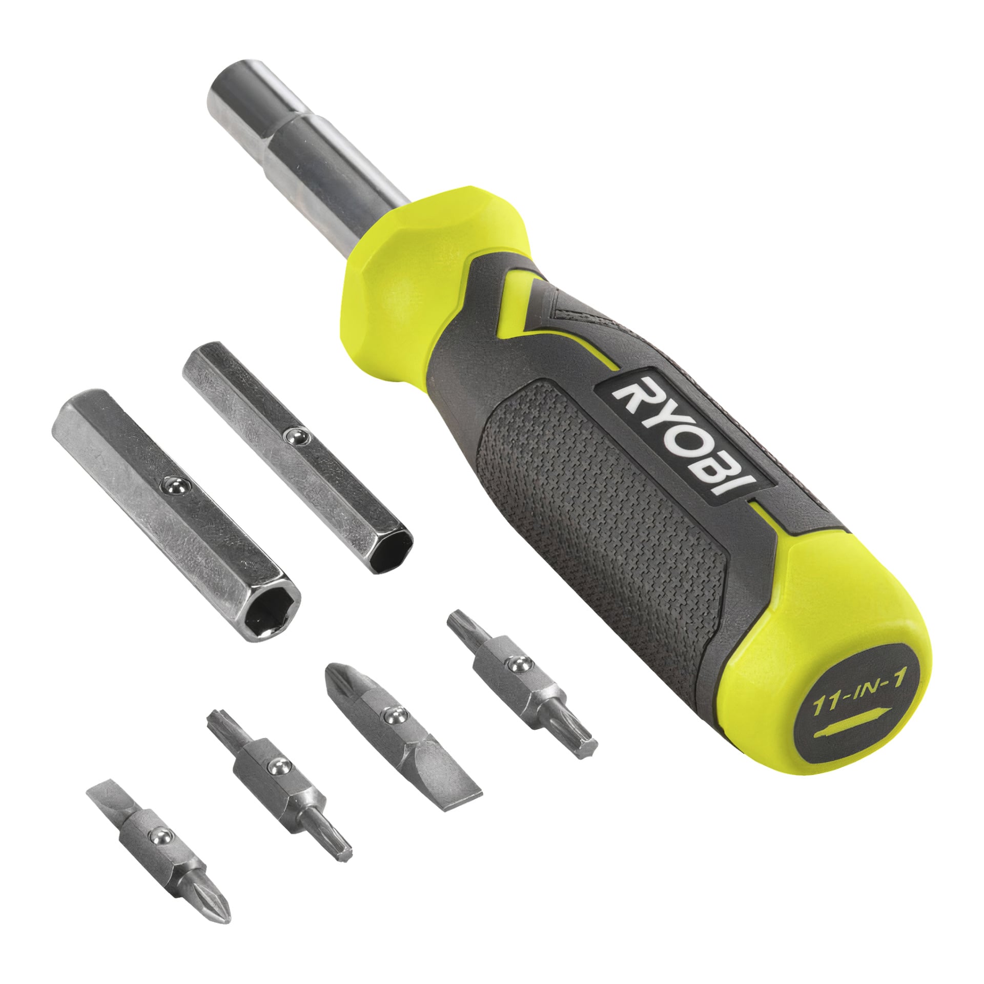 En Ryobi 11-i-1 skruvmejselserie modell RHSDM1101, med ett svart och grönt handtag, levereras med två metallhylsadaptrar och sex utbytbara bitar.