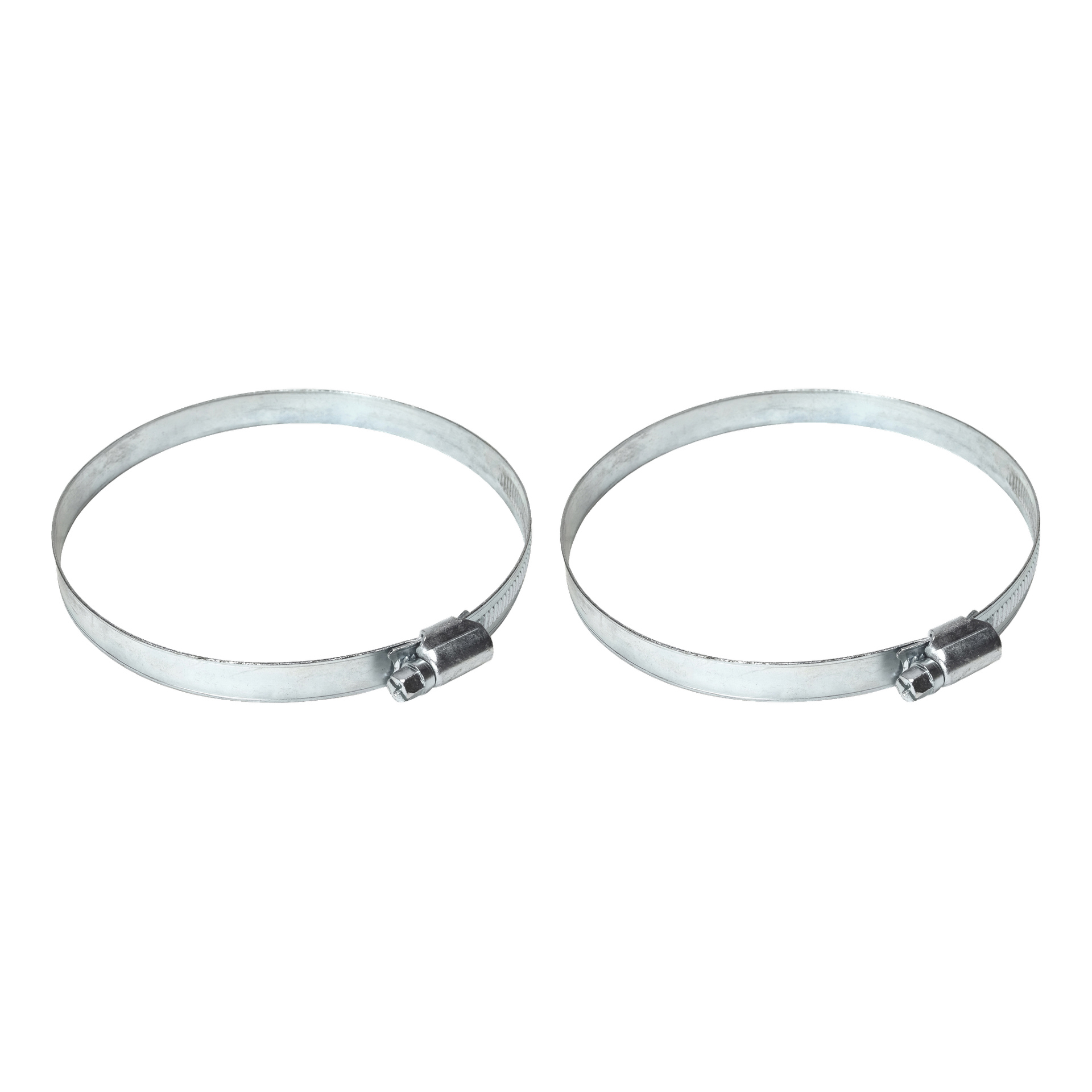 Två Hard Head Hose-klämmor från ett 2-pack är placerade bredvid varandra, båda öppna i en cirkulär form med sina justerbara skruvar tydligt synliga.