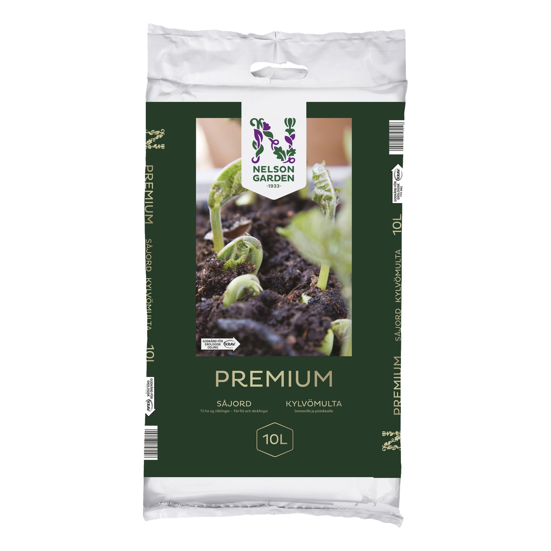 En 10-liters pose med Nelson Garden Premium frøstartjord, vist i grønn og hvit emballasje med et bilde av unge spirer som kommer opp av jorden og produktinformasjon på forsiden.