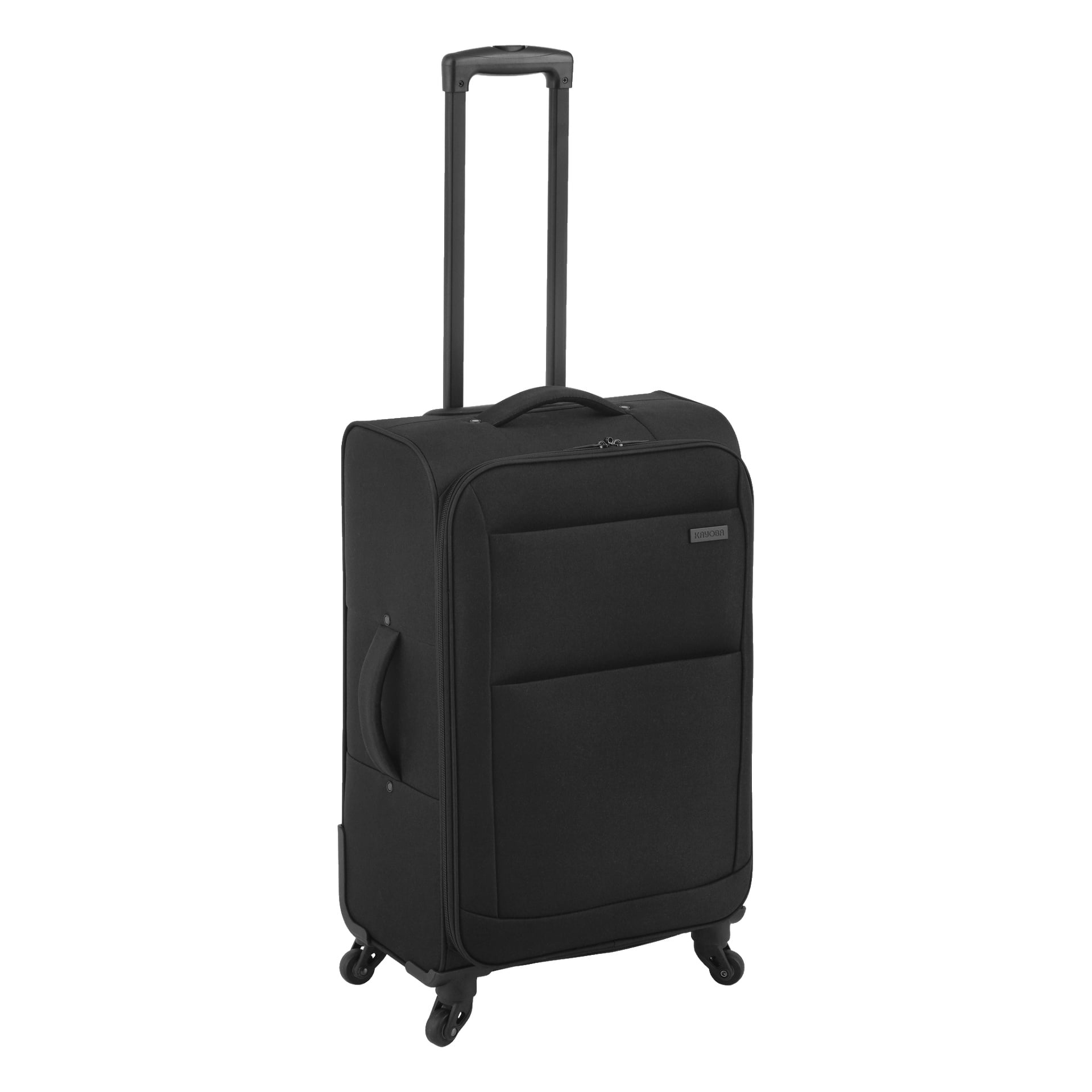 En svart Kayoba Travel-väska med mjuk struktur, utrustad med fyra hjul, ett förlängt teleskophandtag, ett sidohandtag och en ficka med dragkedja framtill.