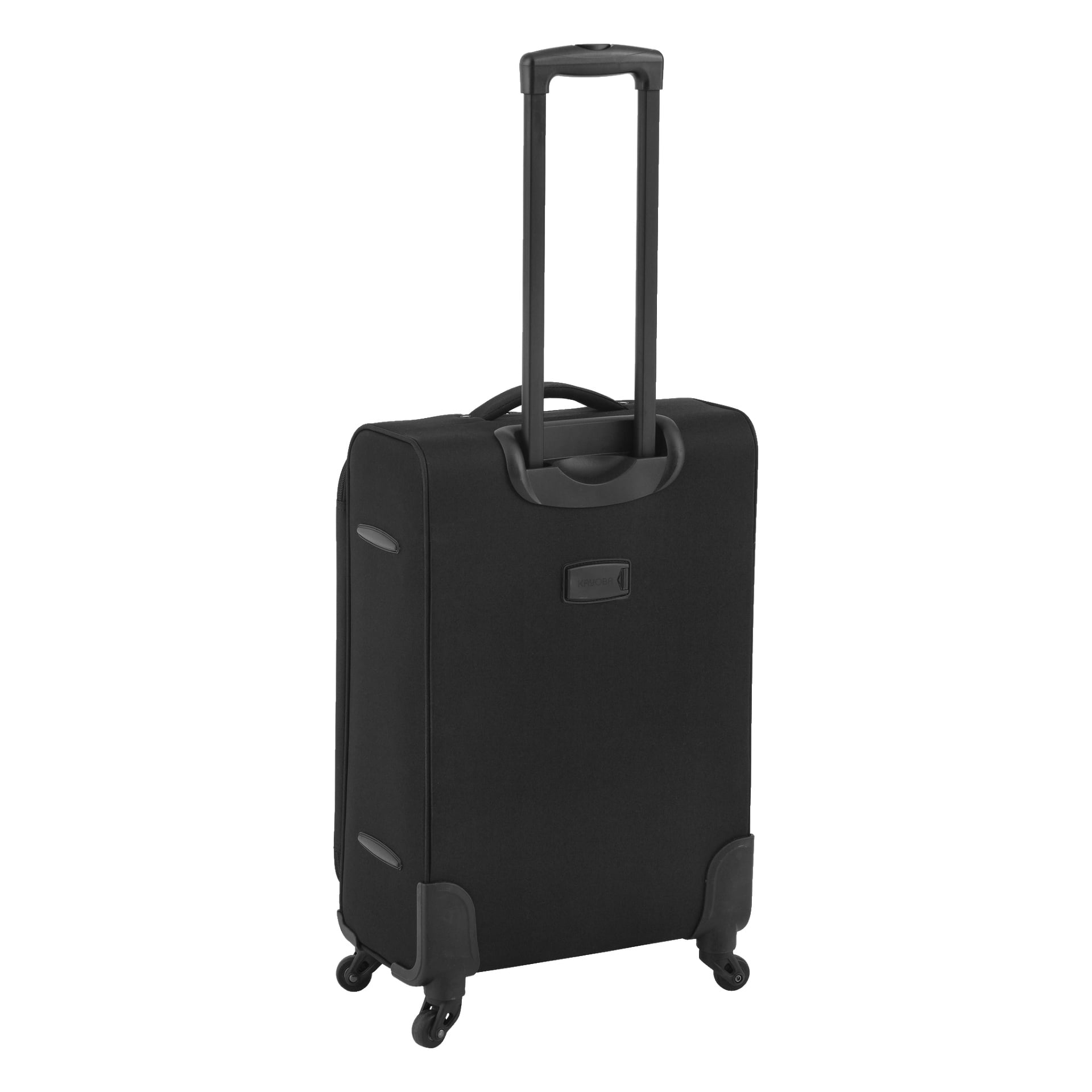En svart Kayoba Travel-väska står upprätt, utrustad med fyra hjul, ett utdragbart infällbart handtag och förstärkta hörnlock.
