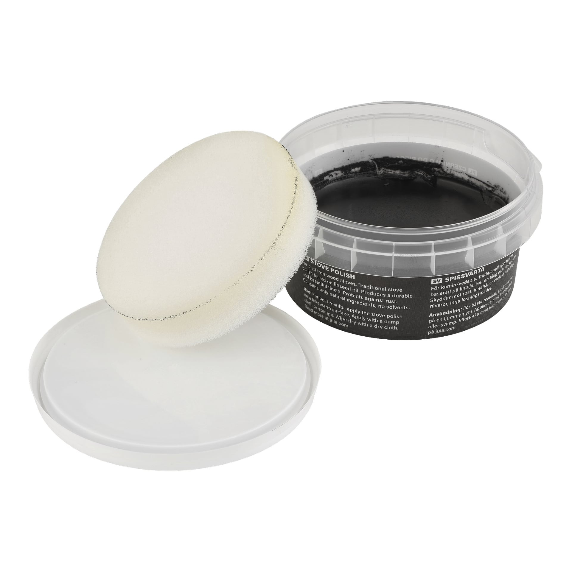 En rund plastbehållare med Anslut spispolish med locket av och en vit skumapplikator ovanpå.