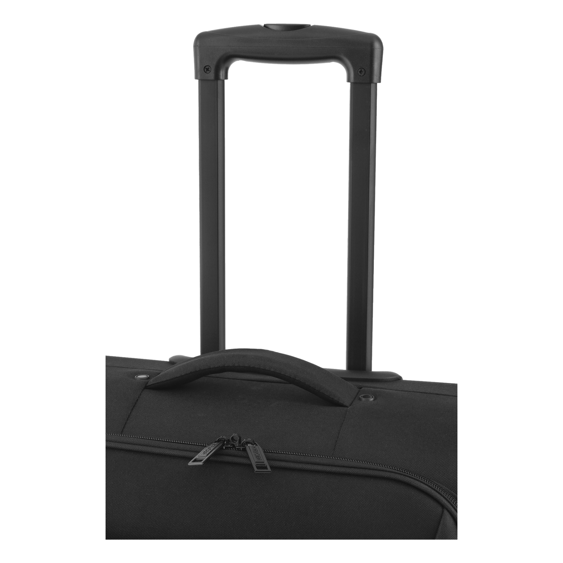 Närbild på den svarta Kayoba Travel-väskan som visar en dragkedjasficka, tyghandtag och ett förlängt teleskopiskt handtag.