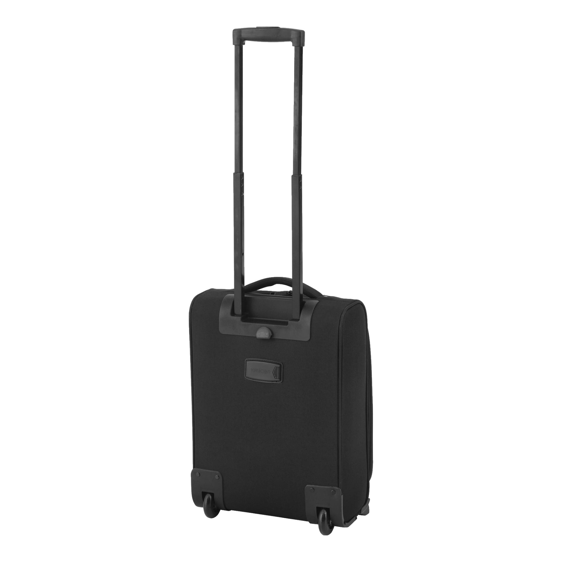 En svart Kayoba Flight-väska med två hjul och ett förlängt teleskopiskt handtag står upprätt.