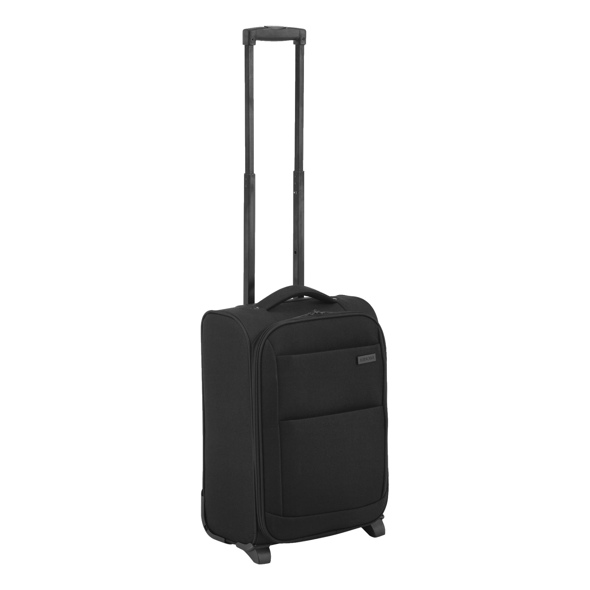 Svart Kayoba Flight-väska med mjuk konstruktion, två hjul, ett förlängt teleskopiskt handtag, framficka och ett översta handtag för bärning.