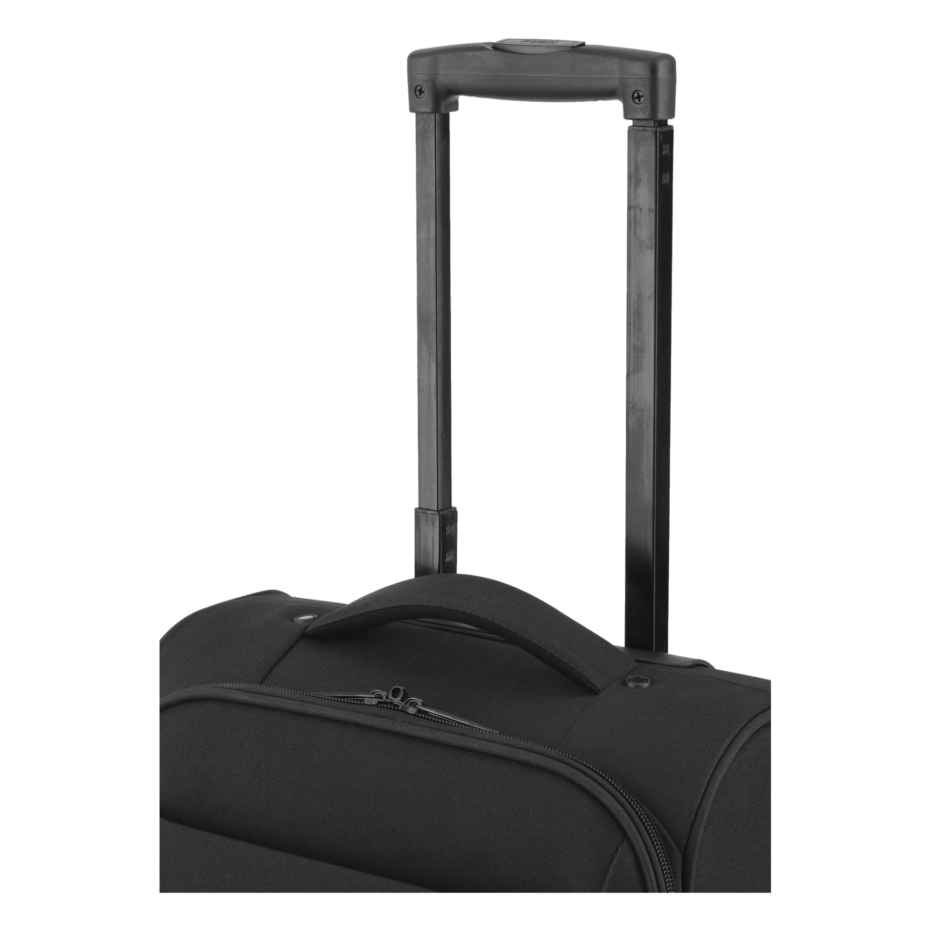 Närbild på toppen av en svart Kayoba Flight-väska, med ett förlängt teleskopiskt handtag och ett synligt bärhandtag.