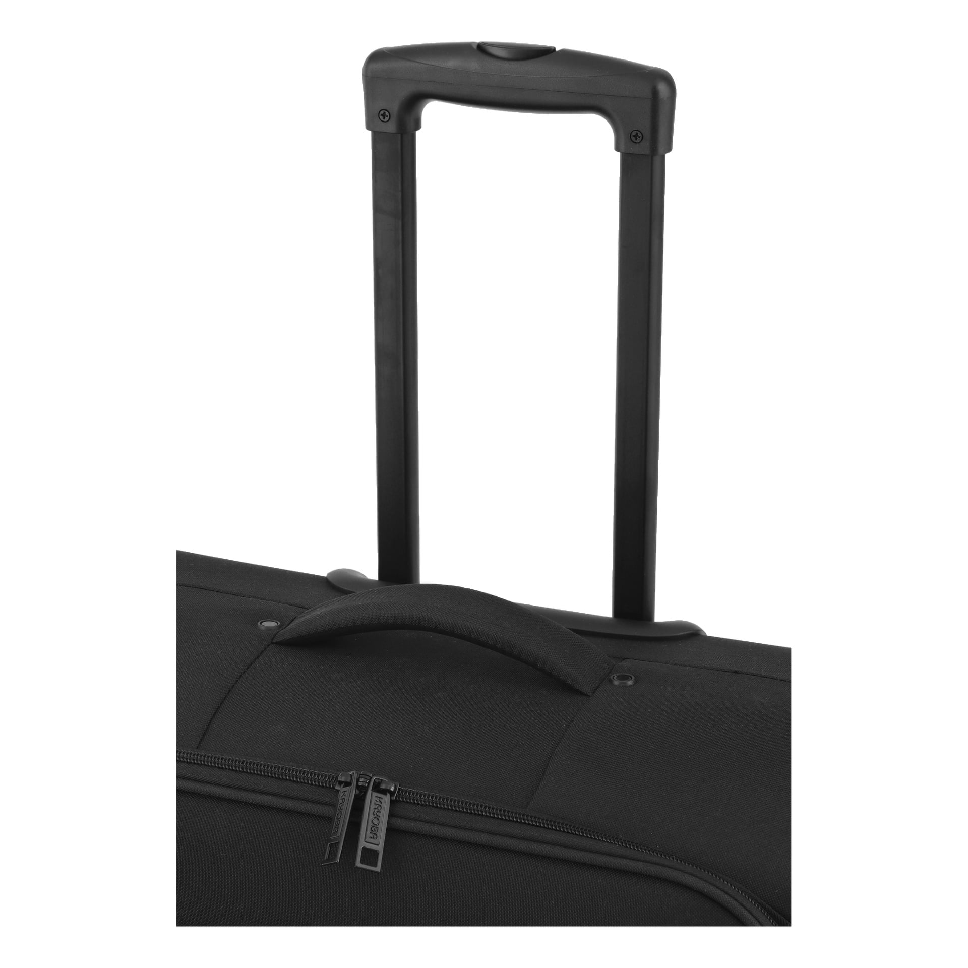 Detaljerad vy av den övre delen av den svarta Kayoba Travel-väskan, med ett förlängt teleskopiskt handtag, ett stadigt tyggrepp och en del av en ficka med dragkedja.