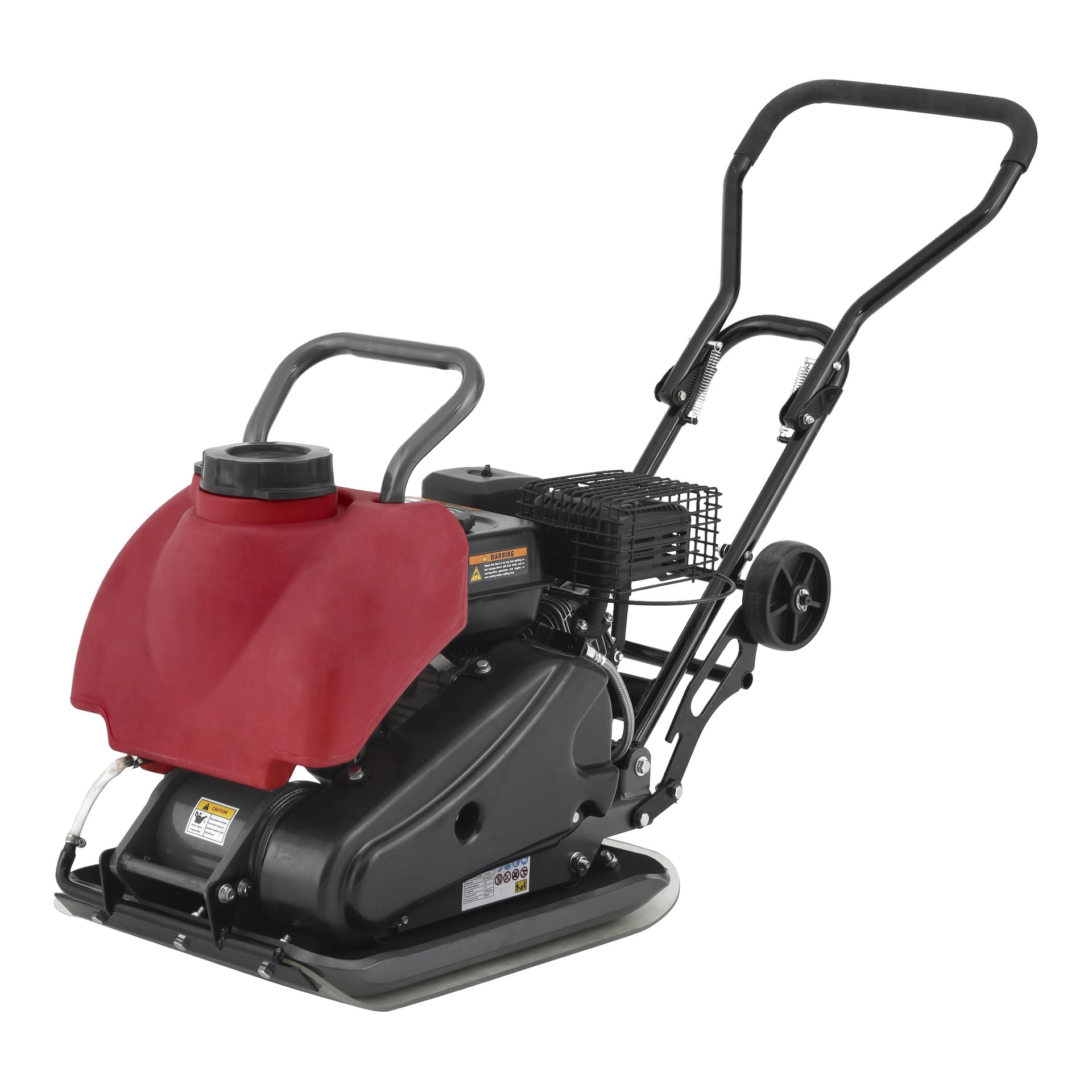 En Meec Tools Vibratorplatta med svart och röd färgschema, skyddande bur runt motorn, röd vattentank och dubbla handtag för enkel kontroll.
