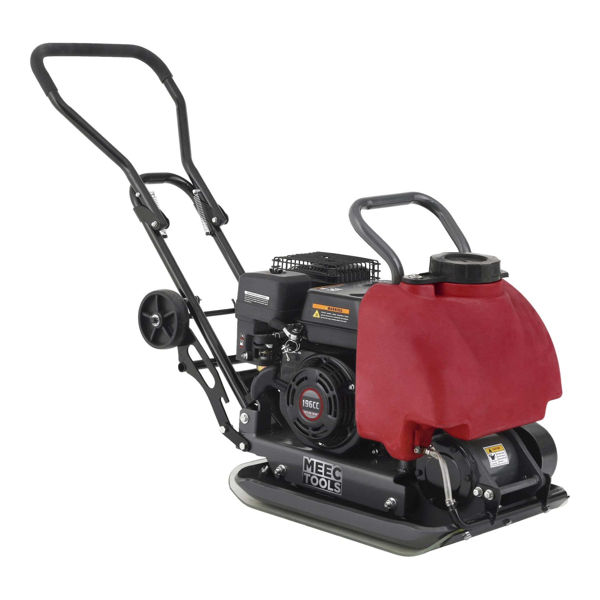 En svart Meec Tools Vibratorplatta med en röd vattentank, ett rött styre och exponerade motordelar, gjord för att komprimera jord, asfalt eller grus.