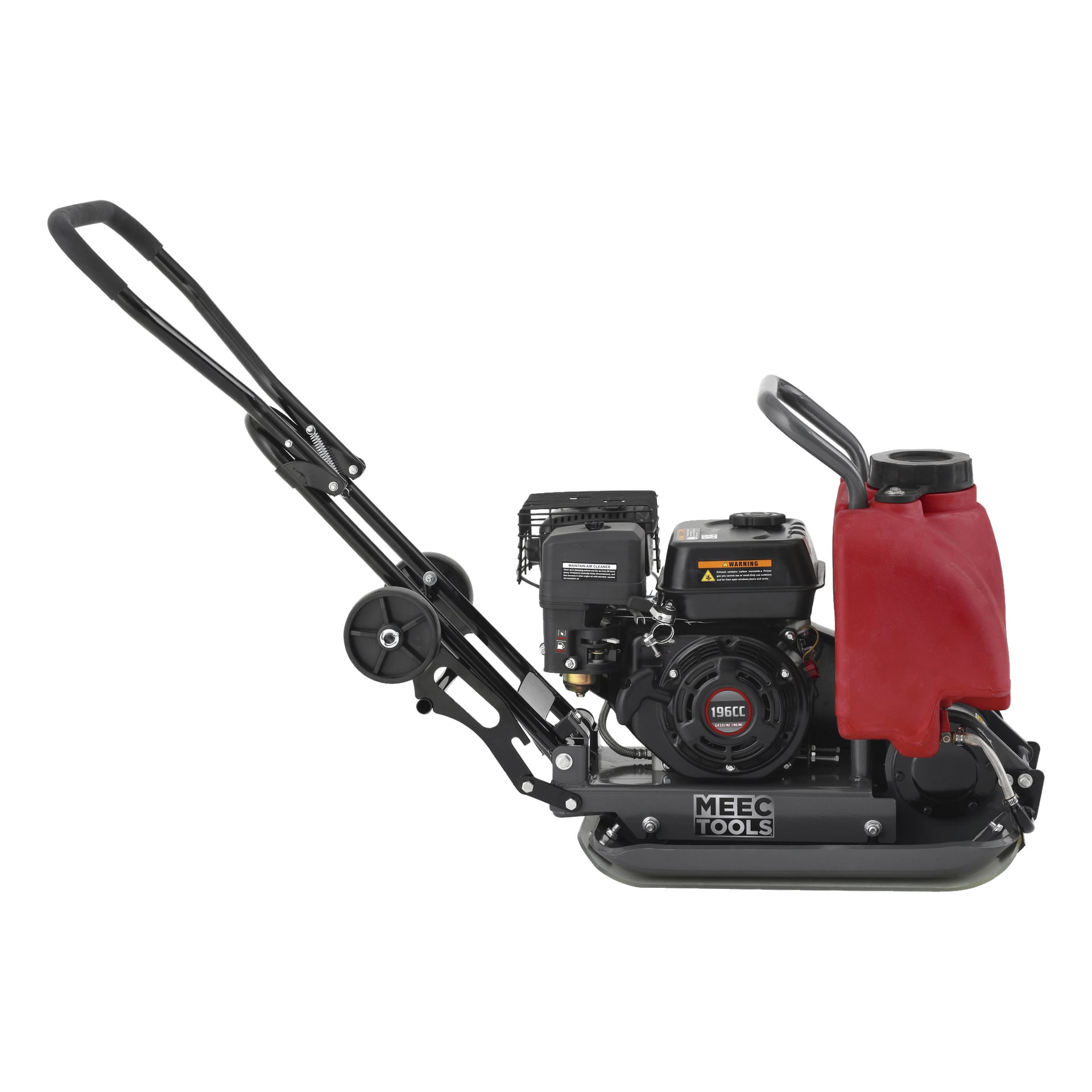 En sidovy av en Meec Tools Vibratorplatta med en 196cc motor och en ansluten rödvattentank.