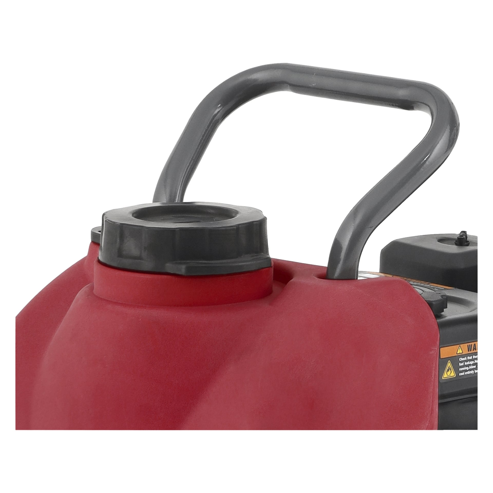 En närbild på en Meec Tools vibratorplatta med röd plastkropp, svart skruvlock och svart bärhandtag. En delvis varningsetikett syns på sidan.