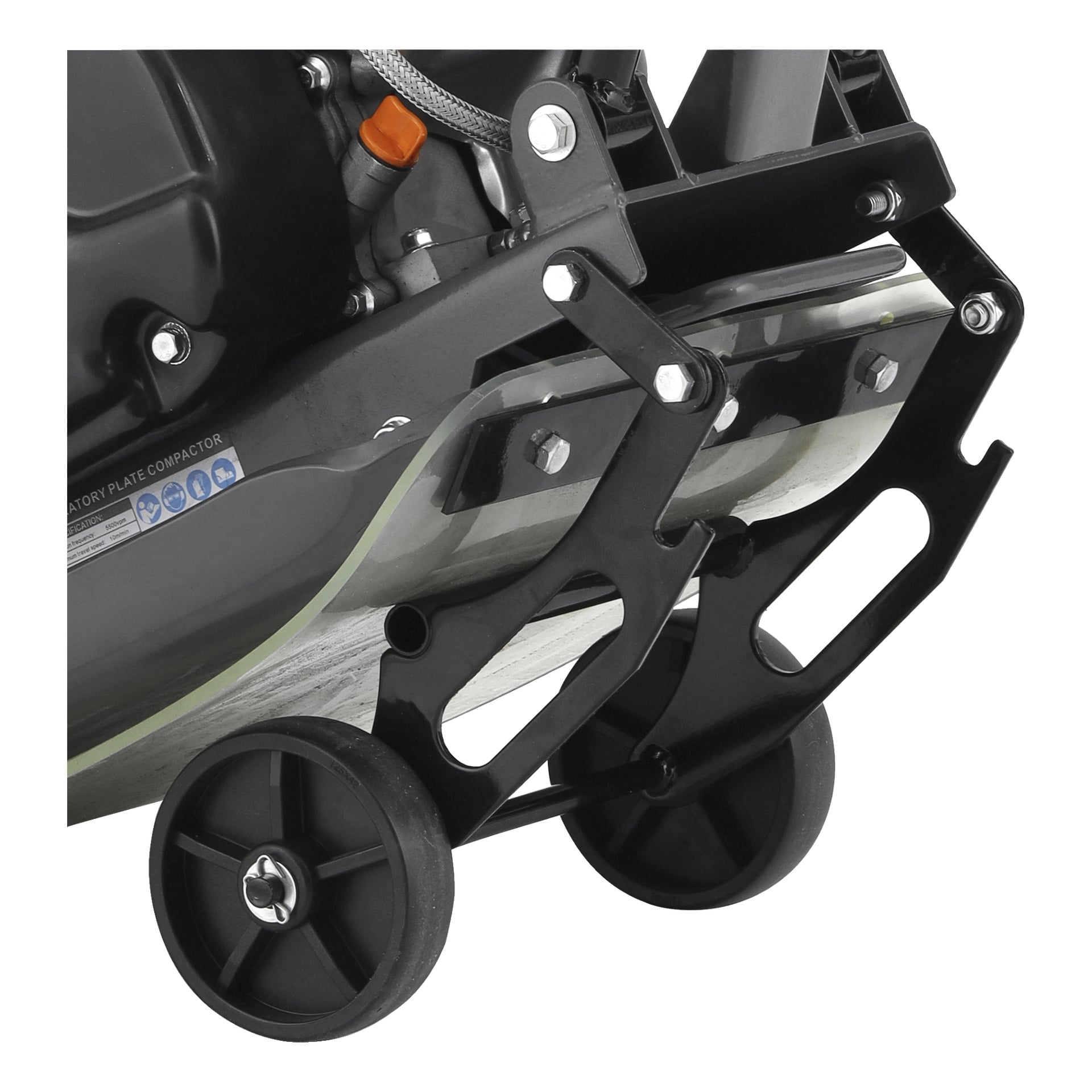Detaljerad vy av Meec Tools Vibrator Plate som framhäver dess svarta metallstruktur med två små hjul, synliga bultar och en sektion av motorn.