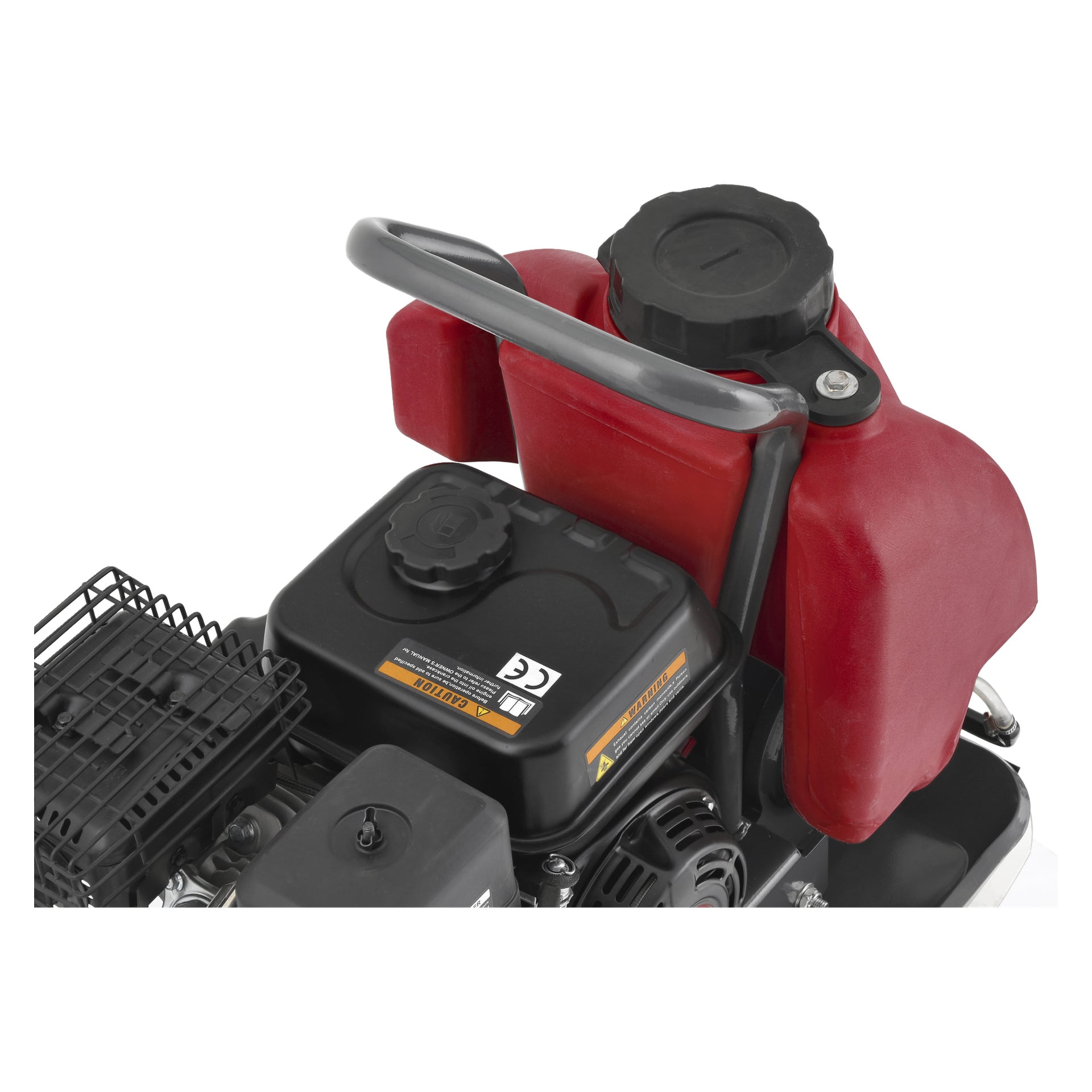Närbild av en Meec Tools Vibratorplatta visar en svart och röd motor innesluten i en metallskyddande ram, med sin svarta bränsletank märkt, en röd plastbehållare och flera synliga motordelar.