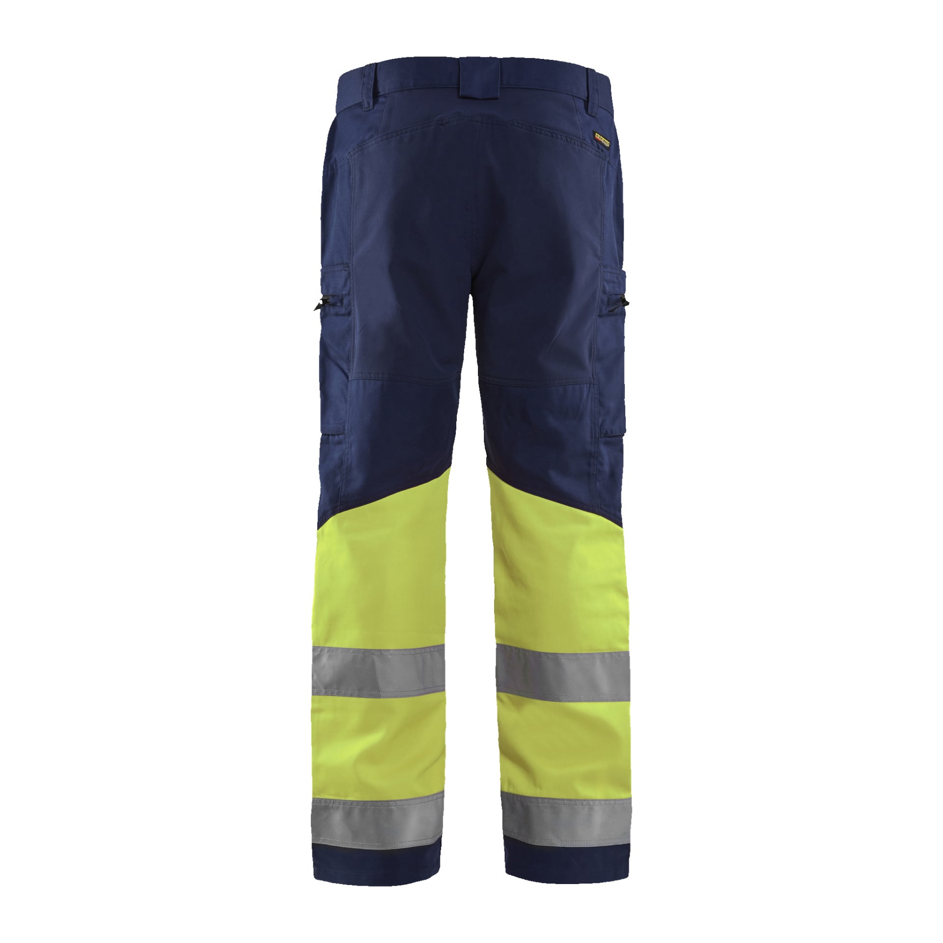 Blaklader Hi-vis-byxor visas bakifrån, designade utan nagelfickor. De har en marinblå övre del, klargula underben och två horisontella reflekterande band ovanför anklarna. Designen inkluderar flera fickor och förstärkt söm.