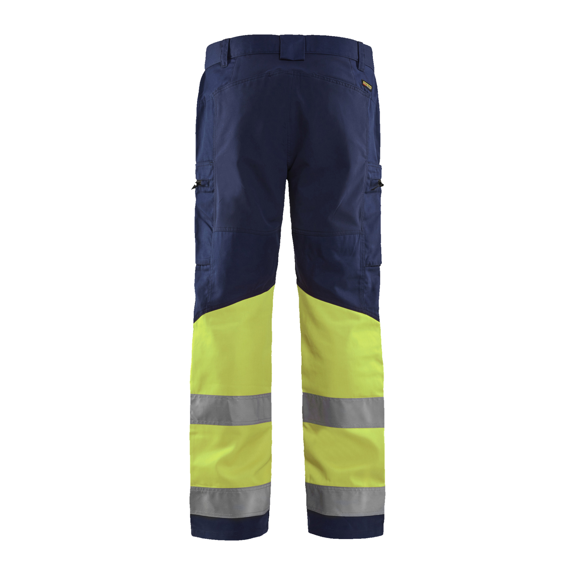 Blaklader Hi-vis-byxor sedda bakifrån, designade främst i mörkblått med klara gula paneler på benen och silverfärgade reflekterande ränder nära muddarna. Dessa byxor saknar spikfickor, har sidofickor och har förstärkta sömmar för hållbarhet.