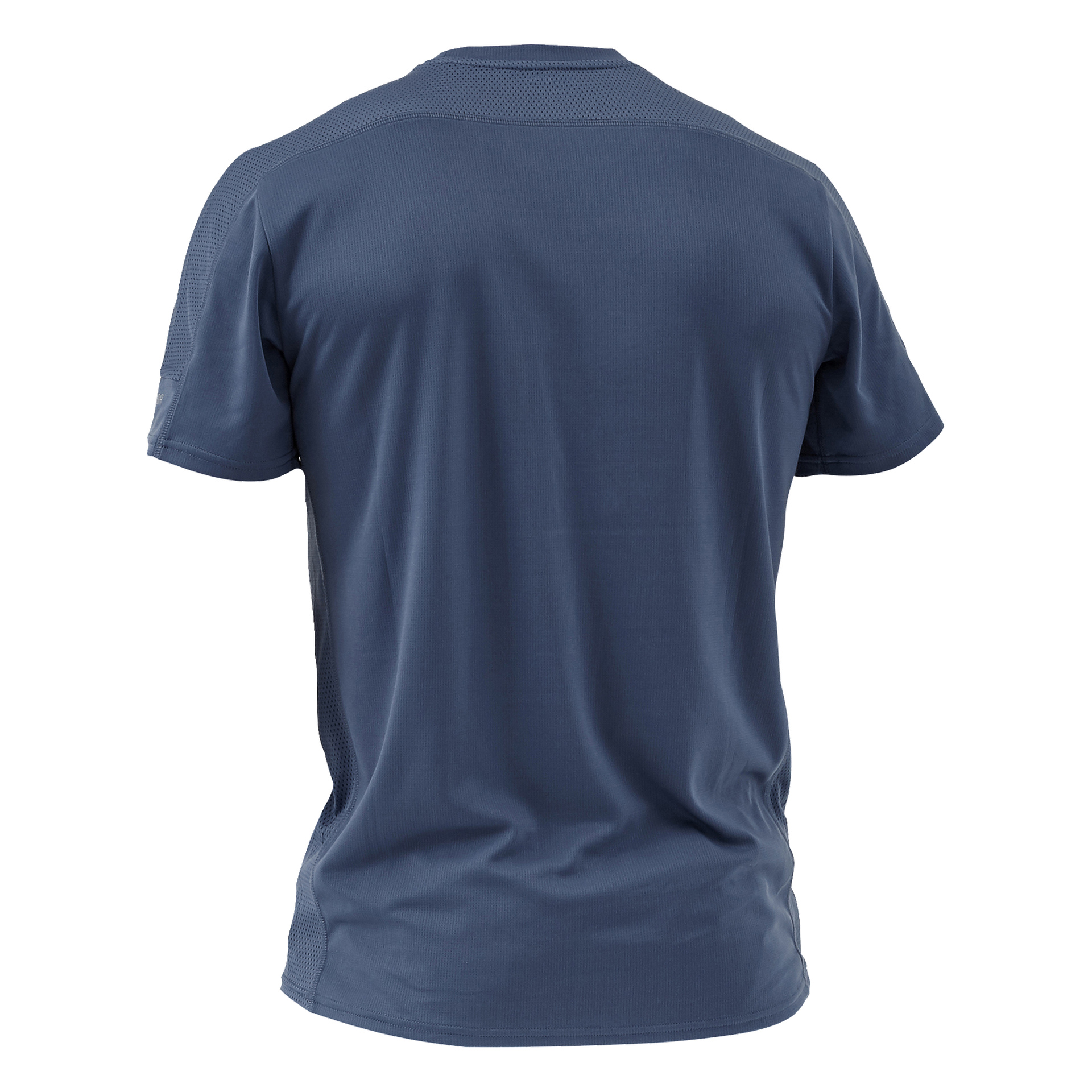 Baksida av Kayoba Women's funktionella topp, med kortärmat och en rund hals i en mjuk blå färg. Skjortan har en enkel design utan logotyper, grafik eller text, och är gjord av lätt tyg med en lätt textur.