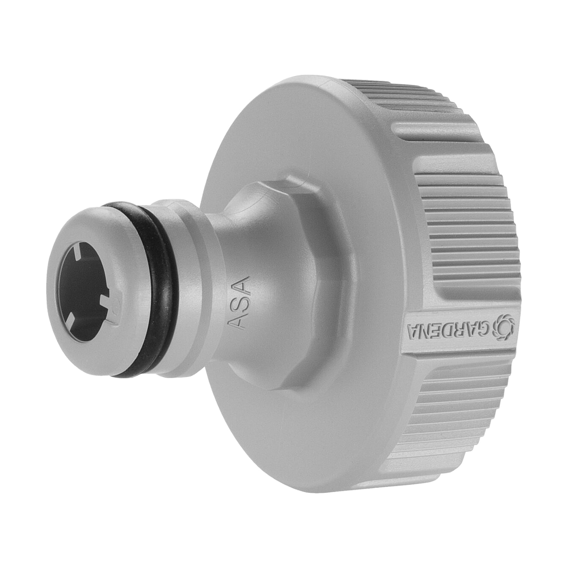 En detaljerad titt på en grå plast Gardena Tap Coupling, med trådar i ena änden, en gummi-O-ring och varumärket "Gardena" präglat runt kanten.