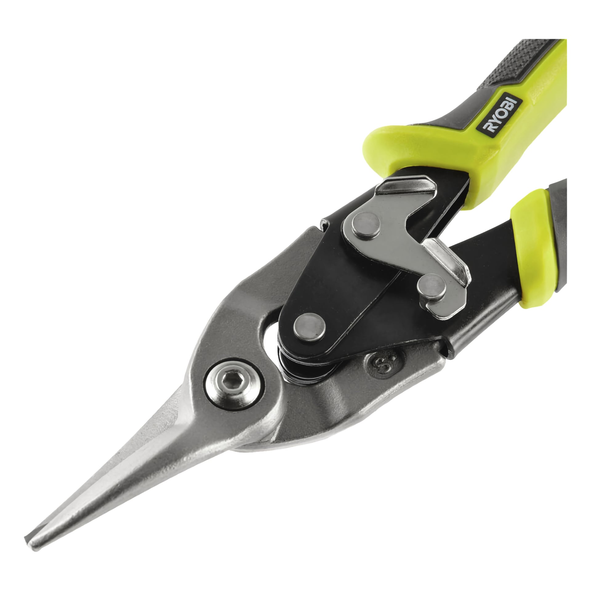En detaljerad vy av Ryobi Metal Saxs RHASS, med framhävning av dess vassa spetsiga blad och ergonomiska svartgula handtag med integrerad låsfunktion för säker plåtskärning.