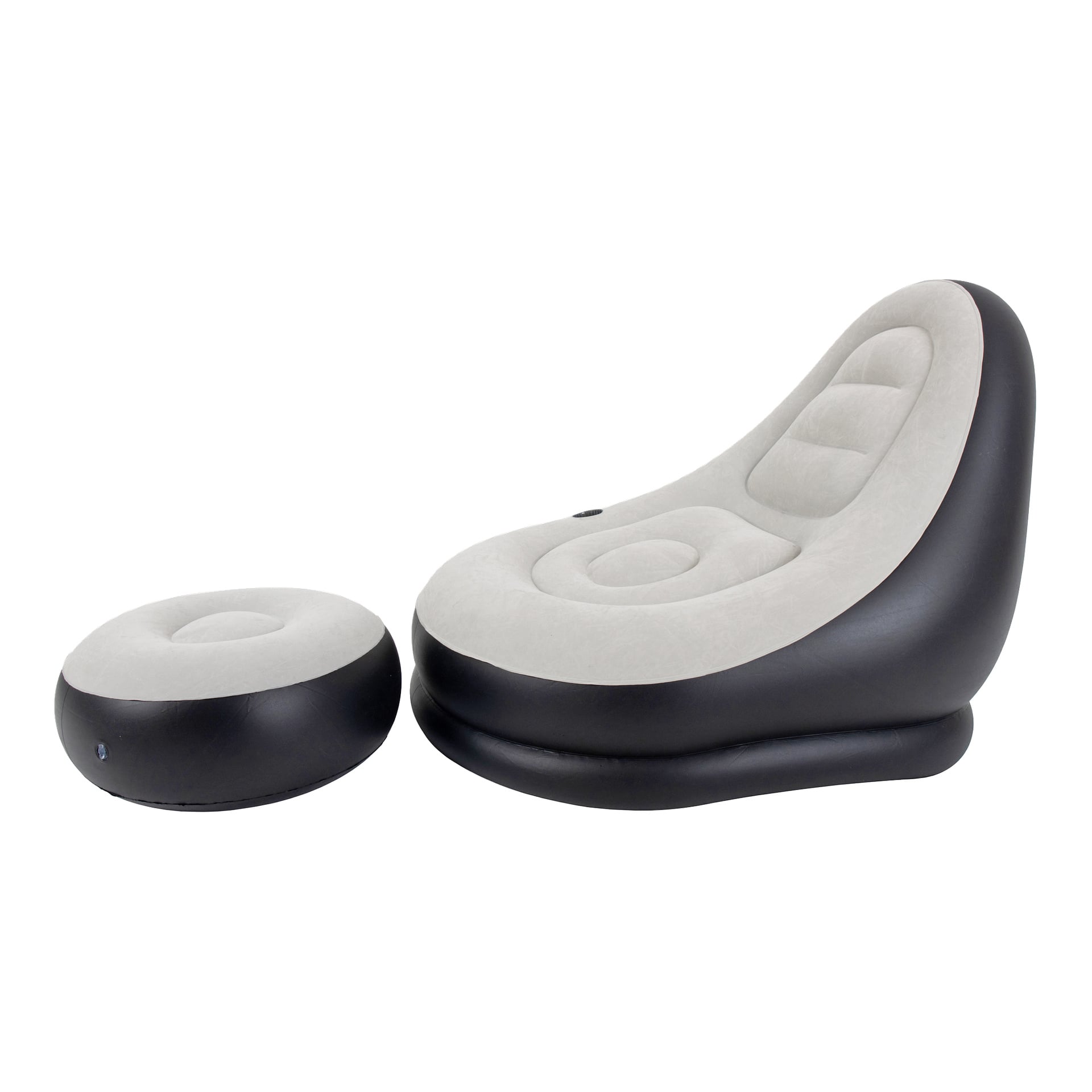 Jilong Inflatable Lounger with Footstool 2 Pieces inkluderer en grå og svart vinyl lenestol med konturert ryggstøtte, samt en matchende rund puff.