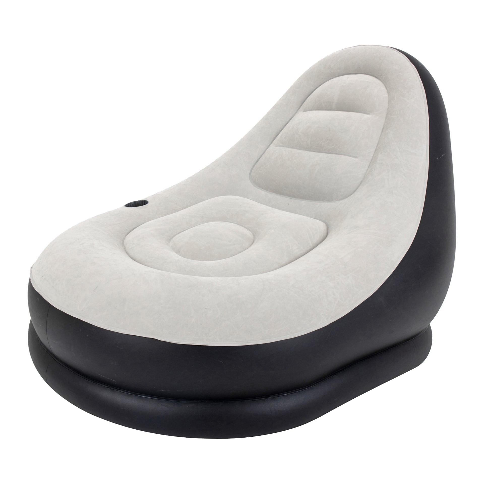 Et grått og svart Jilong Inflatable Lounger-sett, inkludert fotskammel og designet med høy ryggstøtte og buet form.