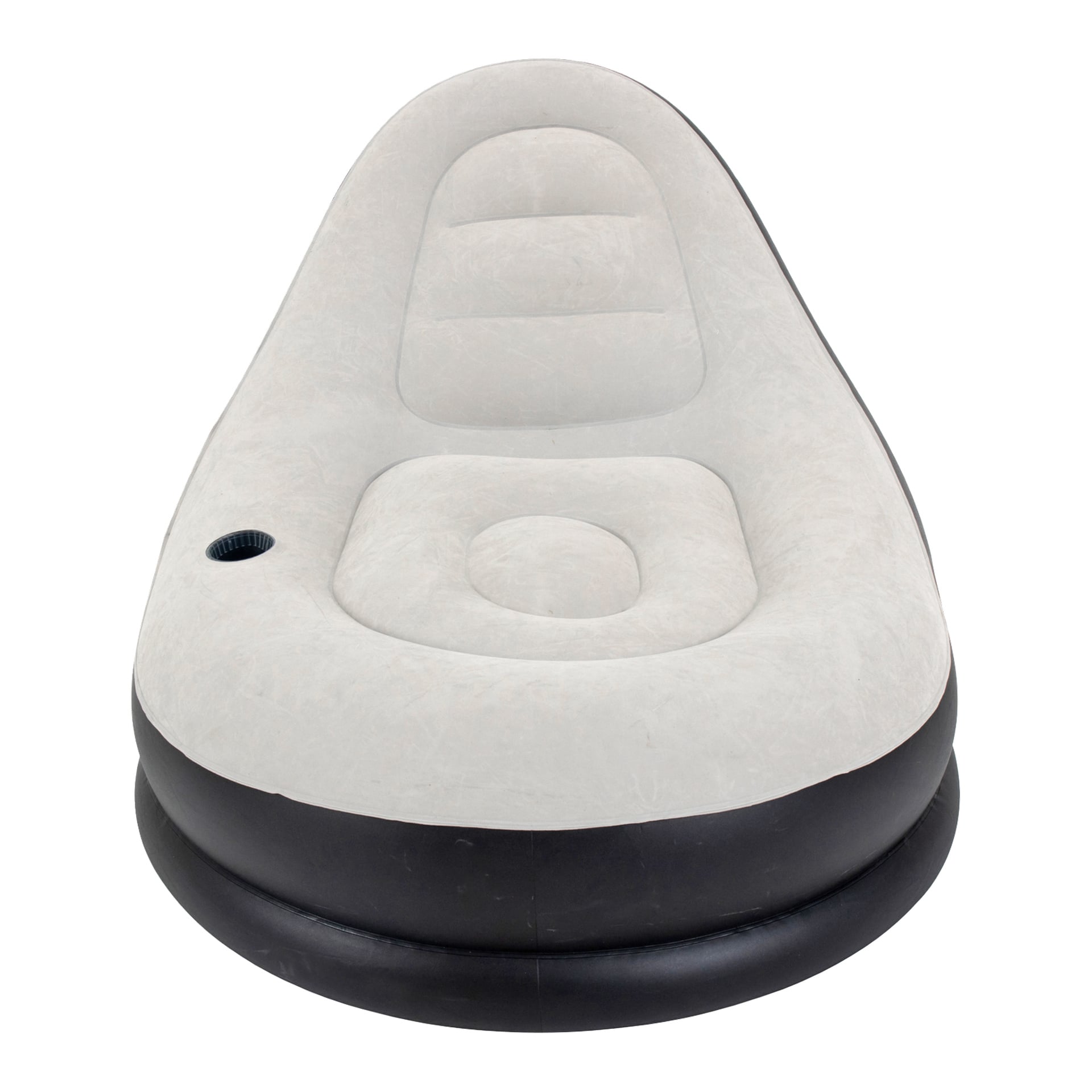 Jilong Inflatable Lounger-settet inkluderer en solstol og en matchende fotskammel, begge med en myk, avrundet form. Setet og ryggstøtten er lysegrå, mens basen er svart. Den ene armen på lenestolen har en innebygd koppholder.
