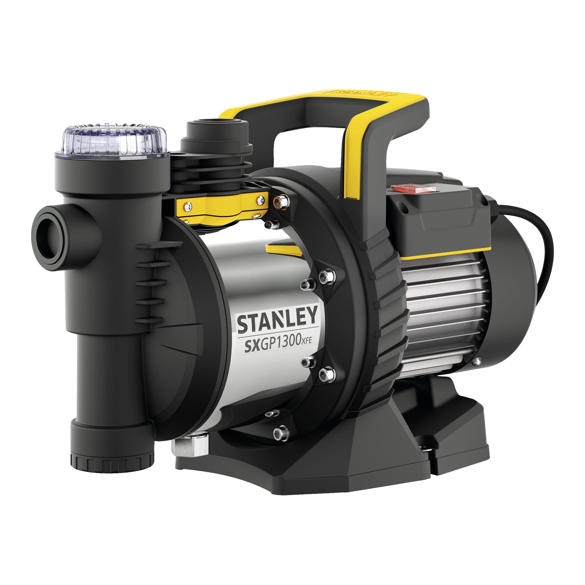 Stanley Garden pump SXGP1300XFE med en slank svart och silverfärgad design, accentuerad av ett gult handtag och exponerade pumpelement, där märket och modellnumret visas tydligt på sidan.