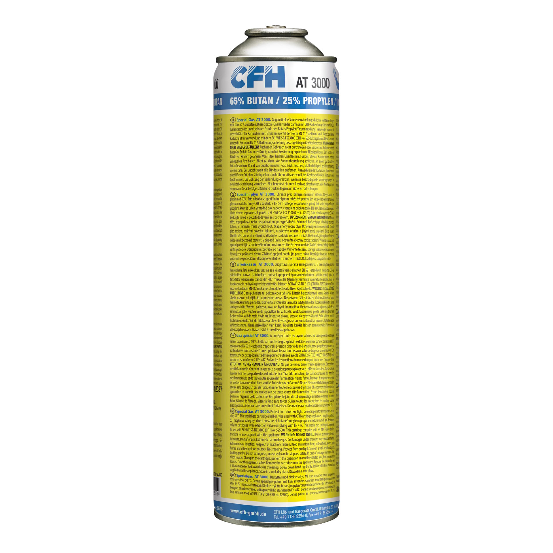 En hög, metallisk behållare märkt CFH Mixed gas-tube Spezial-Gas AT-3000 har en blå och gul färgschema. Dess etikett visar att gasblandningen innehåller 65 % butan och 25 % propyleng. Baksidan innehåller omfattande säkerhetsinformation och användningsriktlinjer.