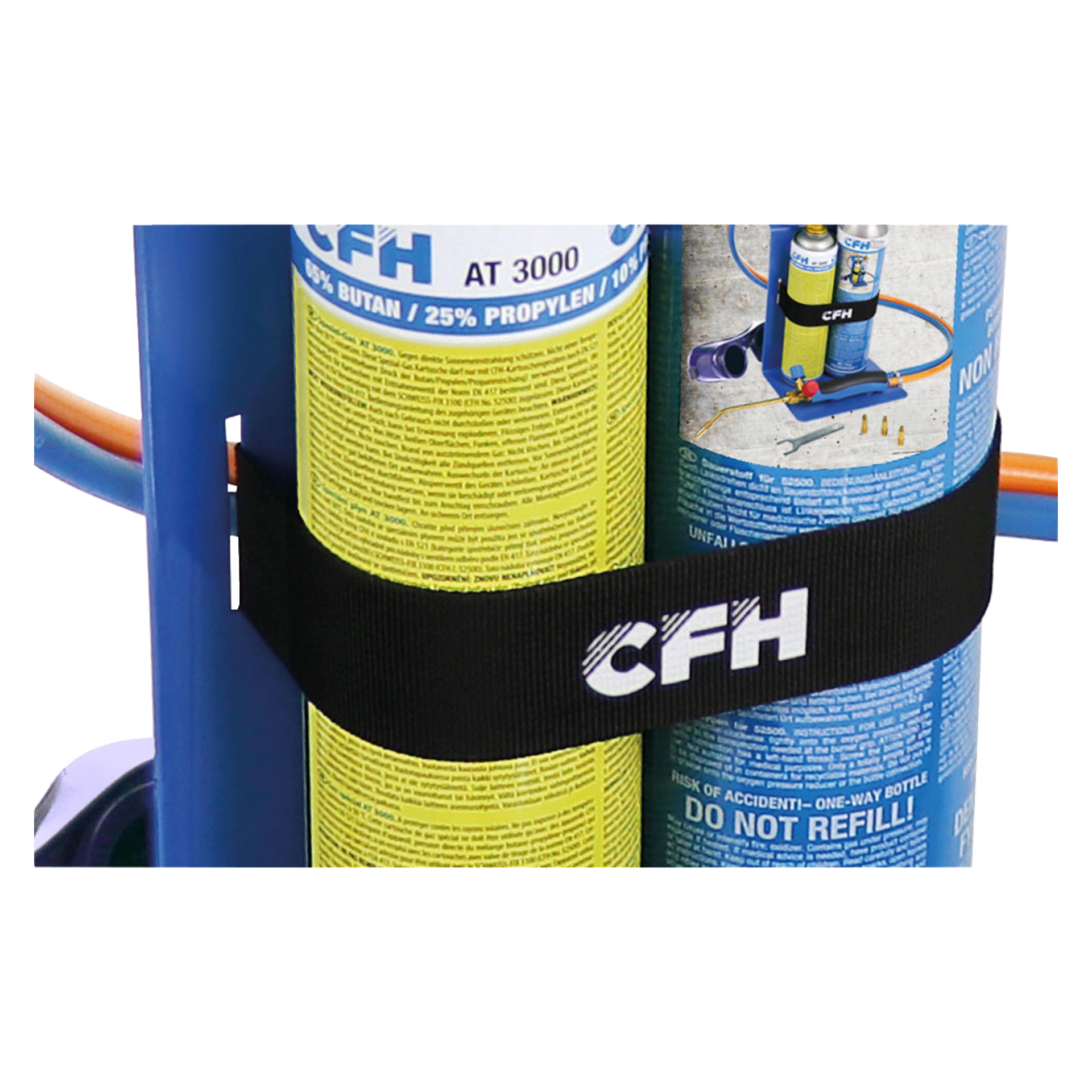 Ett CFH-gassvetsset är fäst vid en metallram med ett svart CFH-band. En av gasflaskorna har en gul och blå etikett, medan den andra visar en illustration av gasutrustning. Orange rör löper i bakgrunden.