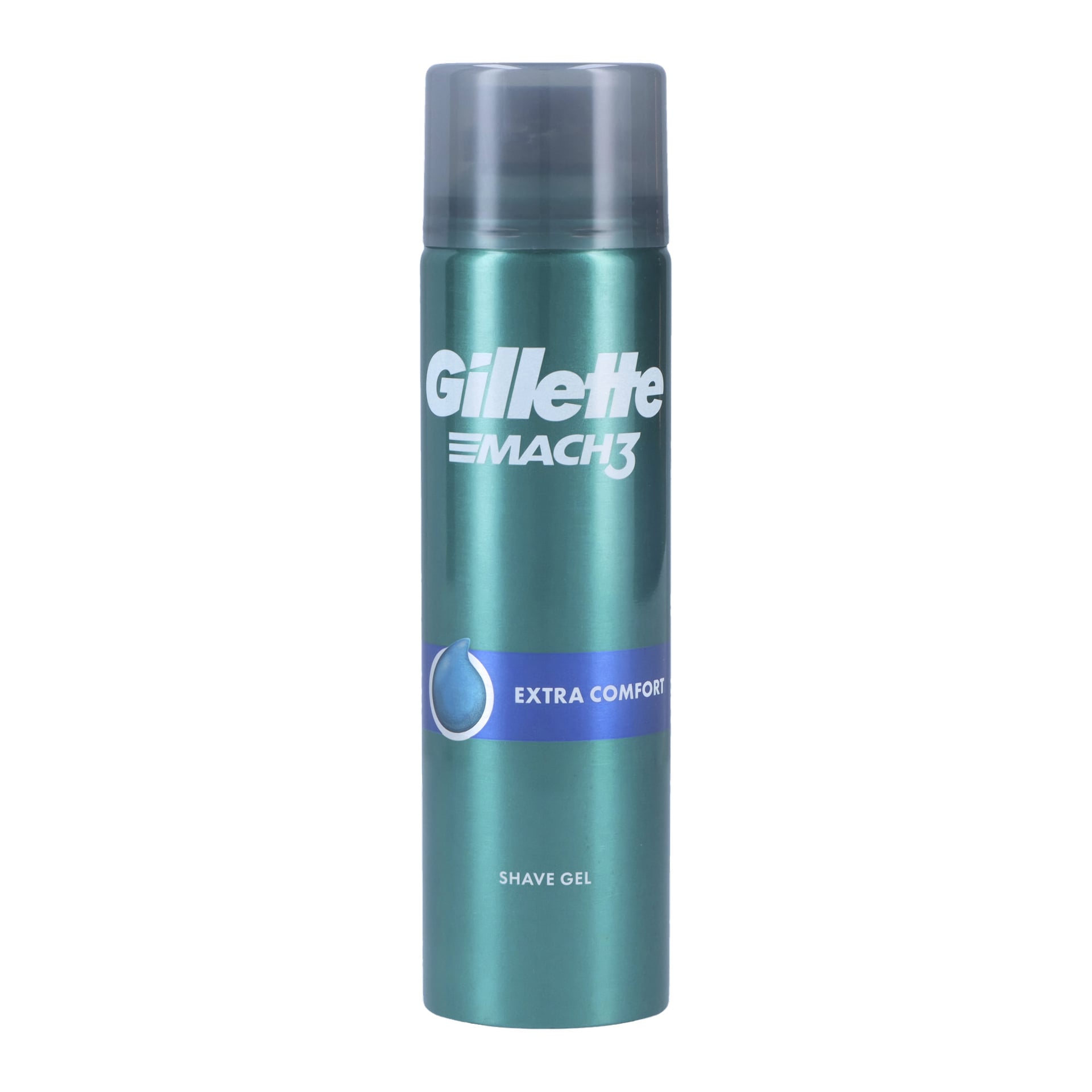 En burk Gillette Shaving Gel Mach3 Extra Comfort med tealfärgad kropp, blå etikett och grå mössa. Framsidan visar Gillette-logotypen och produktinformation i vita bokstäver.