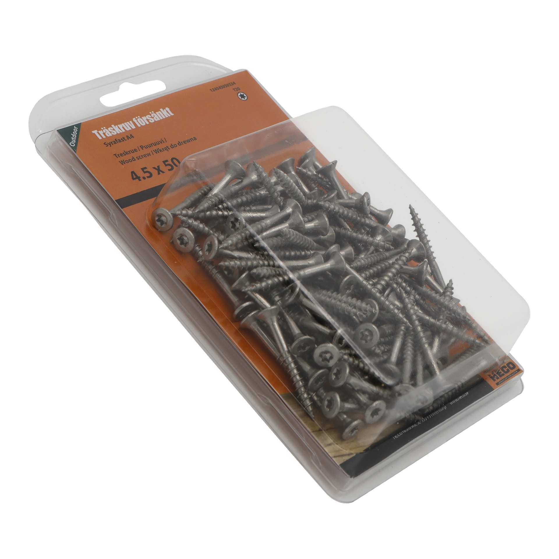 Ett genomskinligt plastpaket innehåller flera silverfärgade Heco-träskruvar märkta 4,5 x 50 mm, med ett orange kort inuti som visar produktdetaljer.