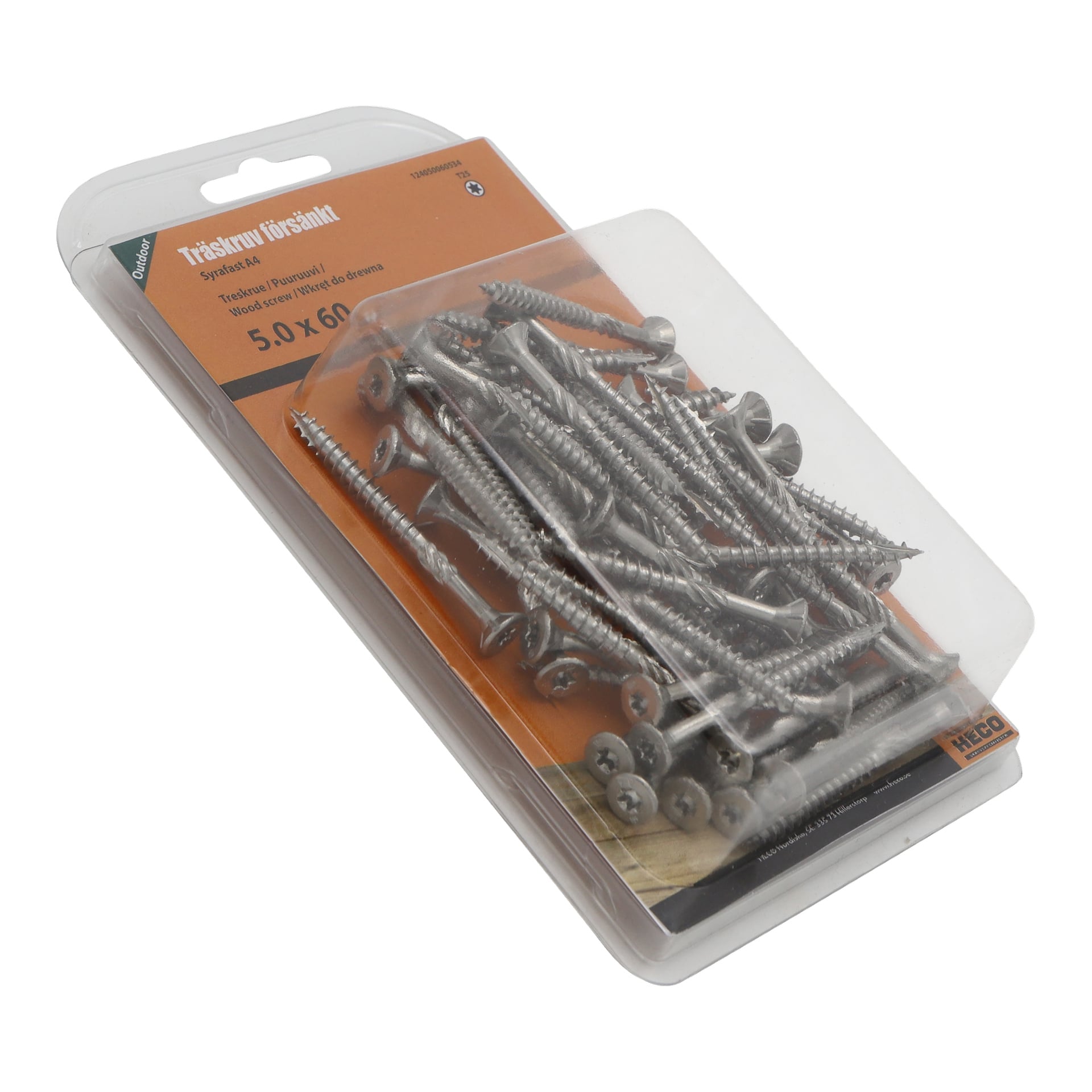 Ett transparent plastpaket innehåller flera silverfärgade metallträskruvar, med en orange och vit Heco-etikett bakom som visar storleken 5,0 x 60 och ytterligare produktdetaljer.