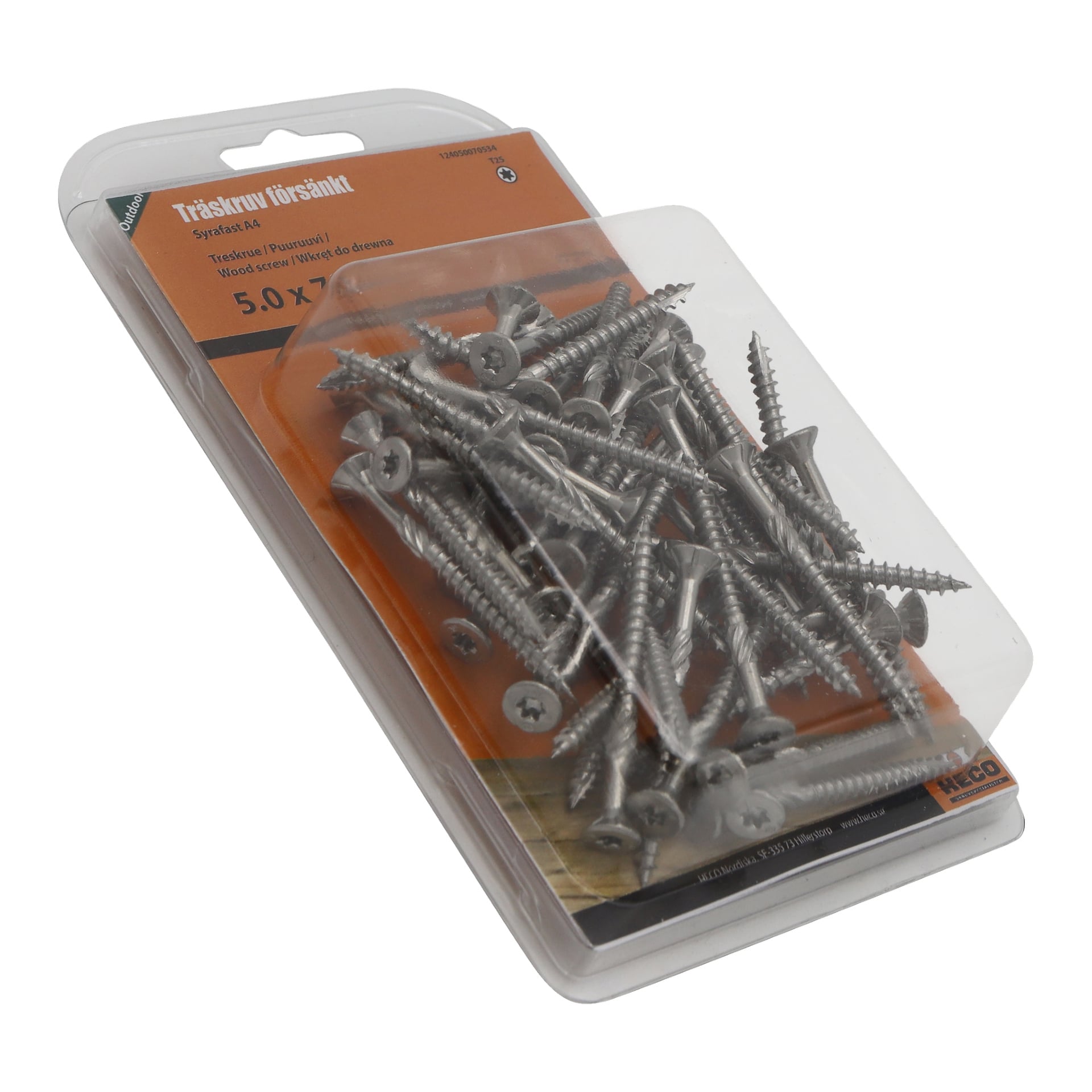 Ett genomskinligt plastpaket innehåller flera silverfärgade Heco-träskruvar. Den orangea etiketten visar 5,0 x 70 och anger produktdetaljer.