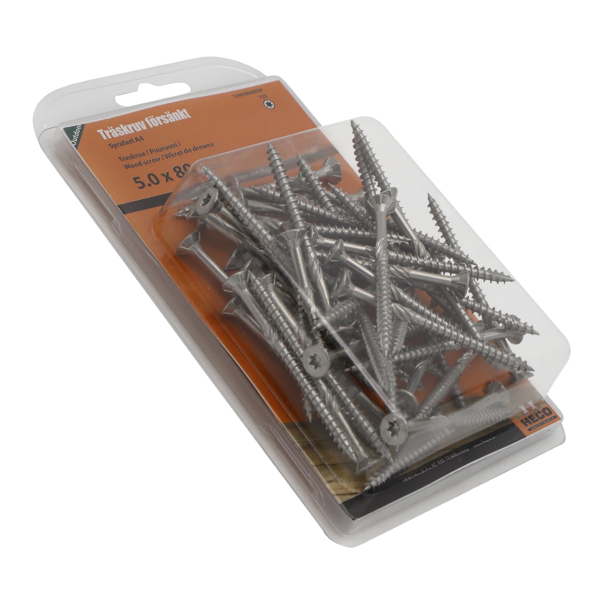 En transparent plastbehållare innehåller Heco-träskruvar, med en orange och vit kortinsats som visar 5,0 x 80, och de silverfärgade skruvarna sitter löst inuti.