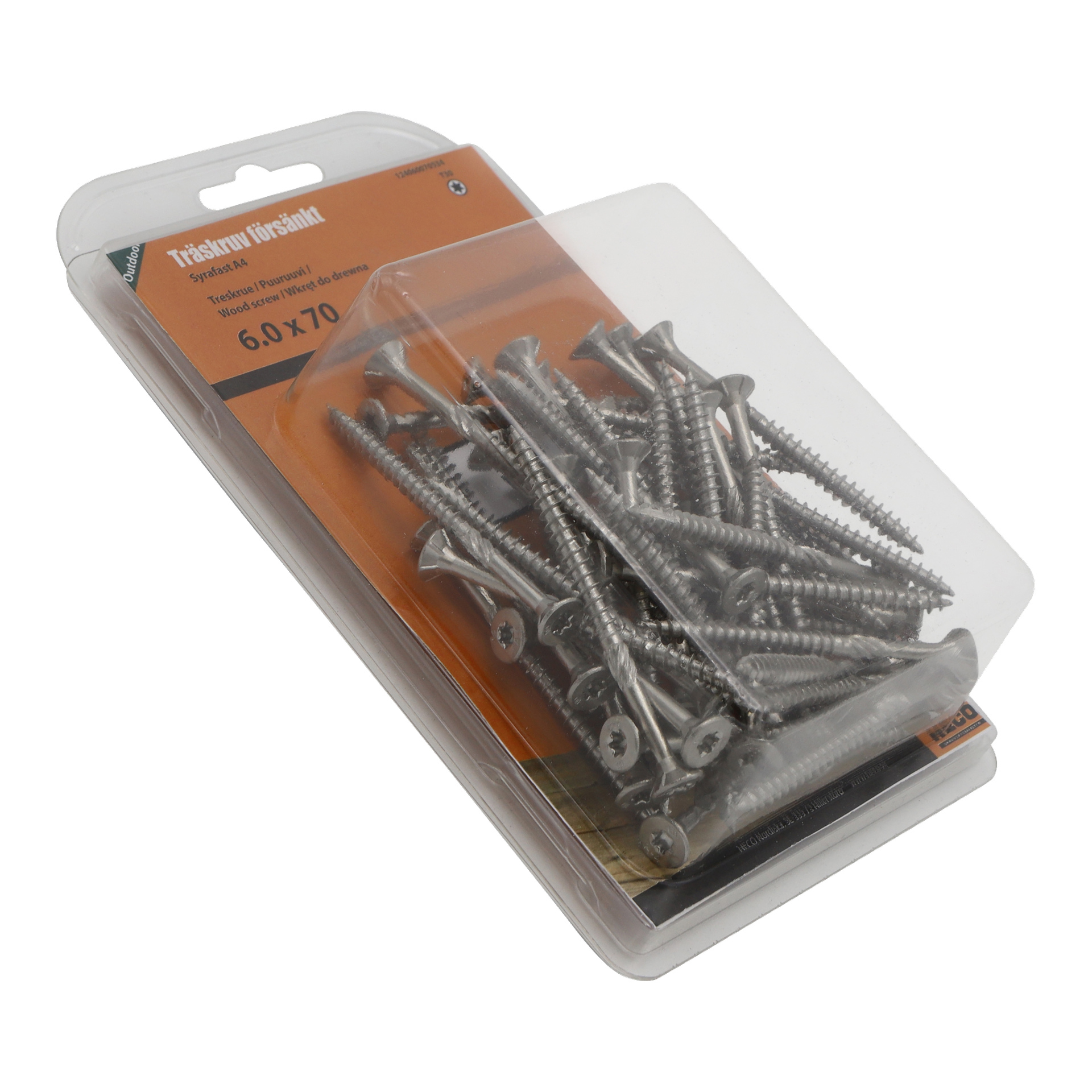 En transparent plastbehållare rymmer flera silverfärgade Heco Wood-skruvar och visar produktdetaljer som storleken 6,0 x 70 mm på ett orange och vitt kort inuti förpackningen.