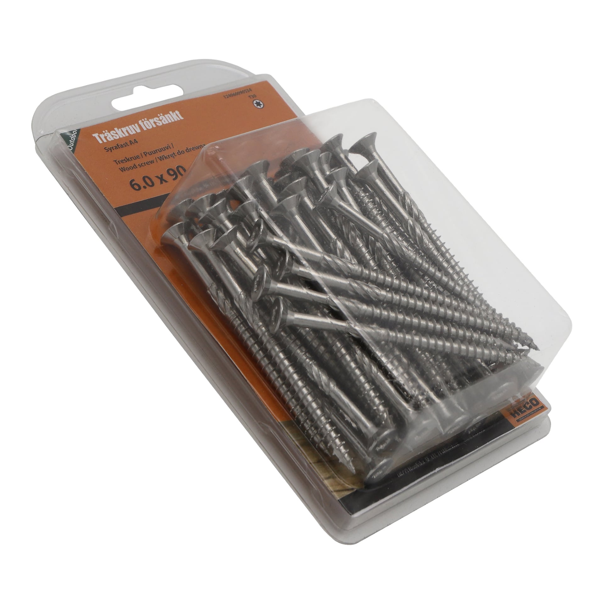 Ett genomskinligt plastpaket med Heco Wood-skruvar visar specifikationer som 6,0 x 90 mm på etiketten, med silverskruvar parallellt placerade inuti förpackningen.