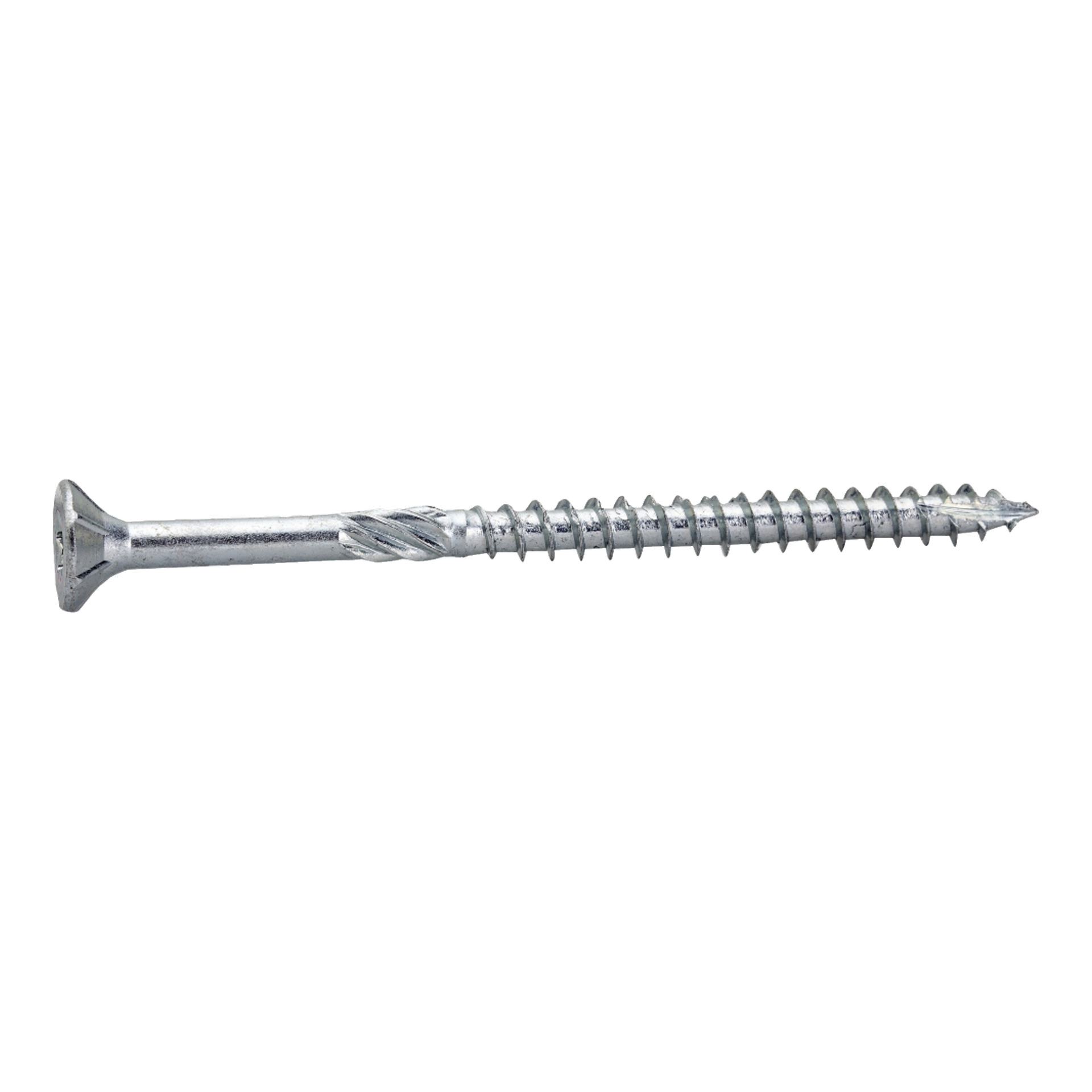 En detaljerad vy av en Heco Wood-skruv med platt huvud och spetsig spets, gjord av silverfärgad metall, avsedd för att foga samman material.
