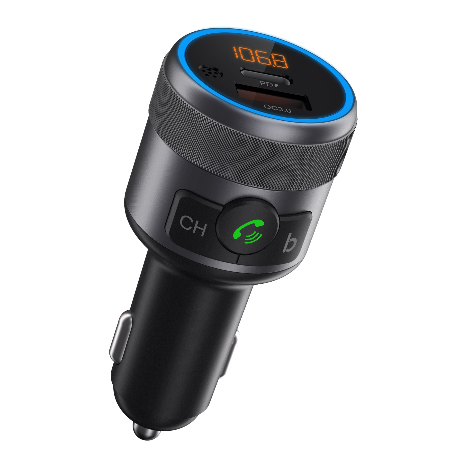 Den svarta Nedis FM-sändaren för bil har en digital display som visar 106.8, PD och QC3.0 USB-portar, en blå ringlampa samt CH- och gröna telefonikonknappar.