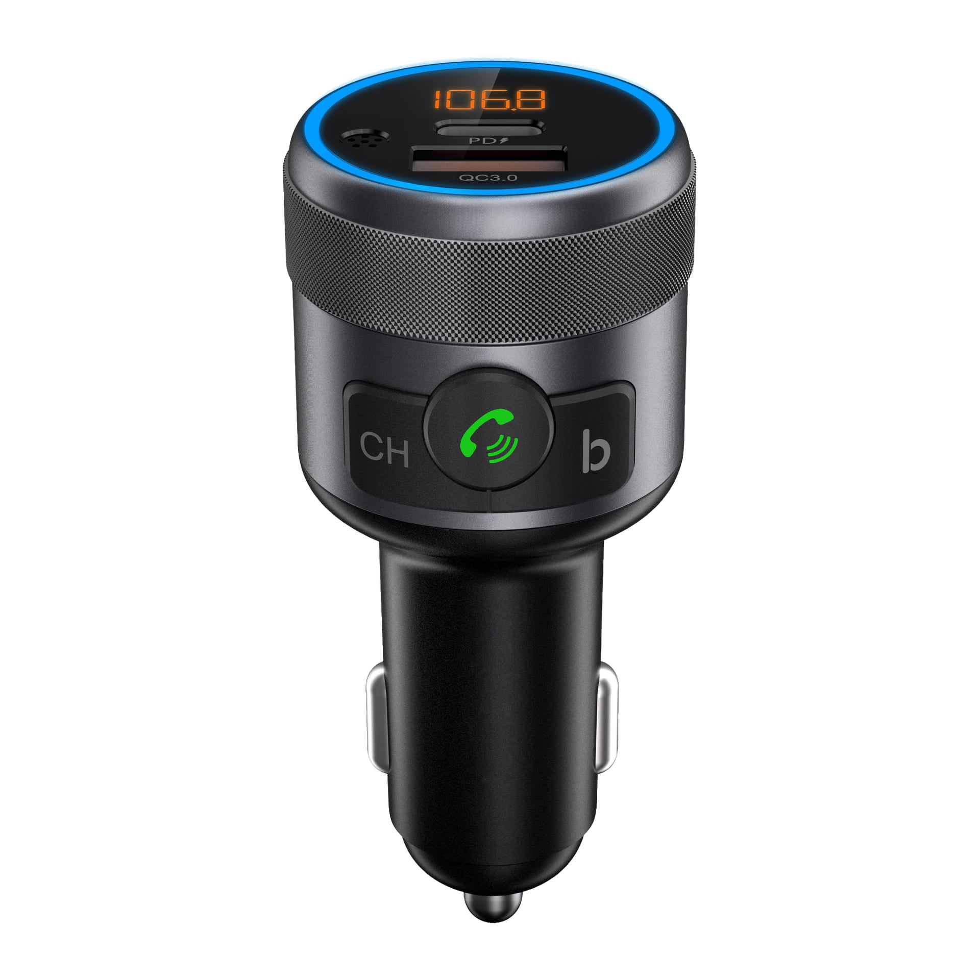 Nedis FM-sändaren för bil är svart och har en digital display som visar 106,8, en USB-port, blå LED-ring och knappar märkta CH, en grön telefonikon och b. Den har en cylindrisk form designad för biluttag.