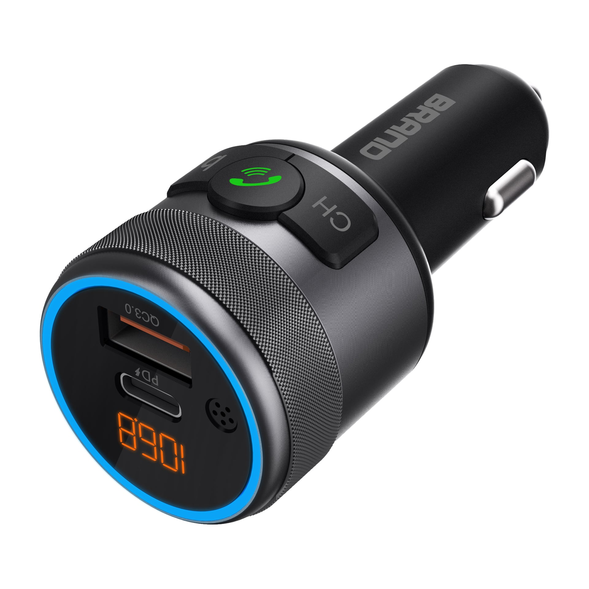 En svart FM-sändare från Nedis med digital display, USB-A- och USB-C-portar, en CH-knapp, en grön telefonknapp och en blå LED-ring. Sidan visar Nedis.