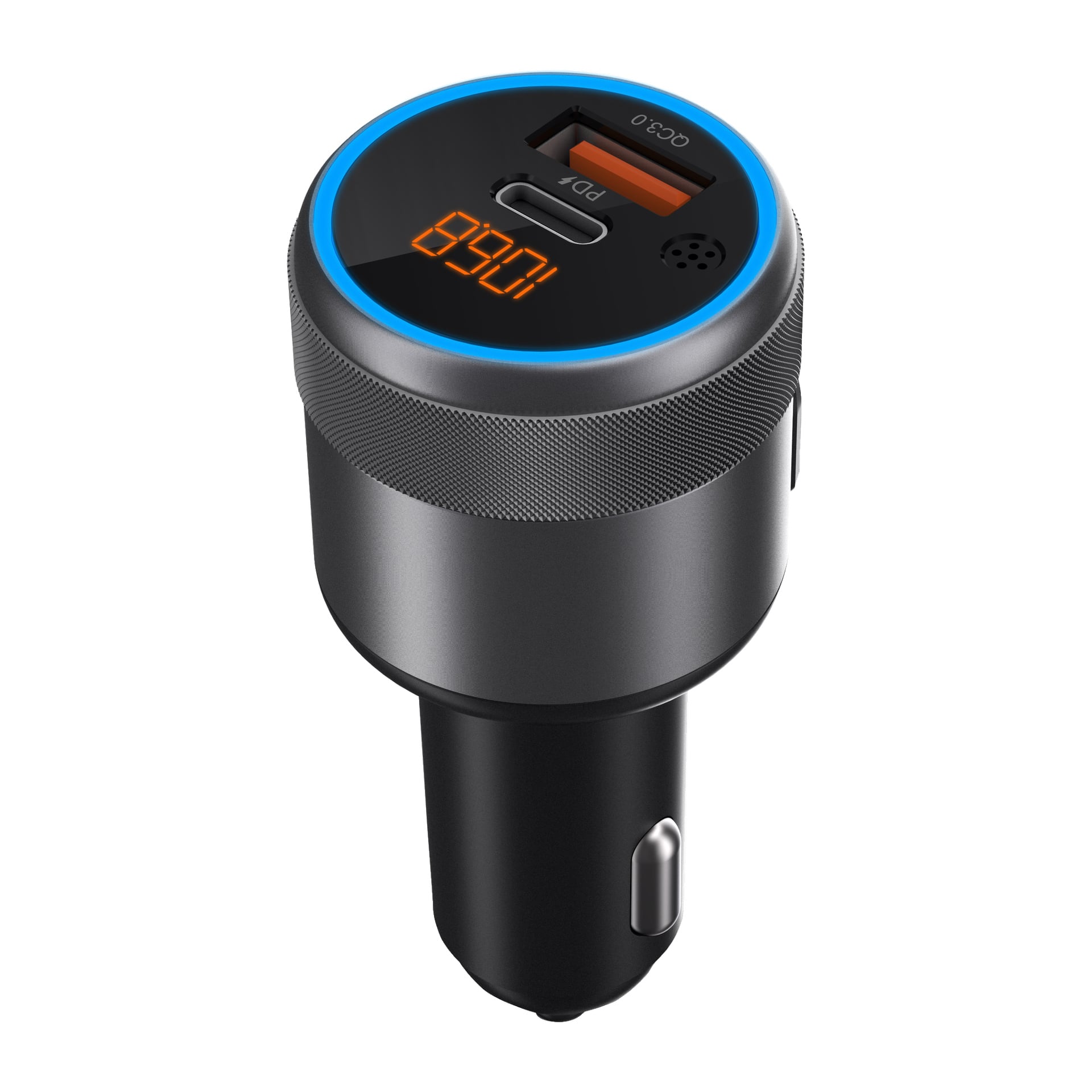 Nedis FM-sändaren för bil är svart och silver, med USB- och USB-C-portar, en blå LED-ring högst upp och en digital display som visar 899.