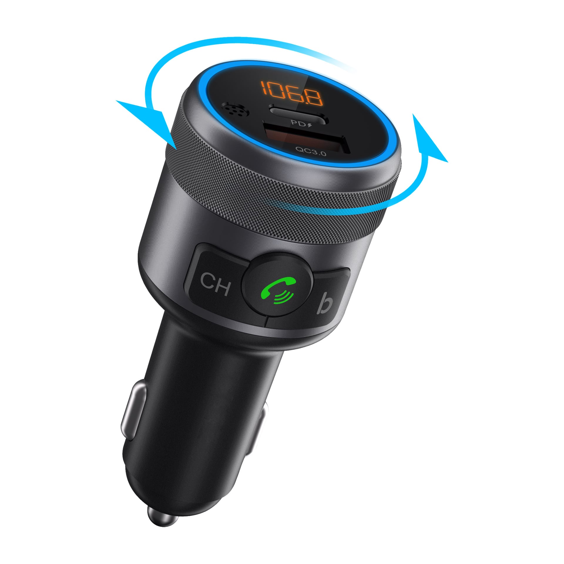 Nedis FM-sändaren för bilar har ett elegant svart och silverfärgat utseende, med digital skärm, USB-port, kanal- och samtalsknappar samt en roterbar kropp markerad med blå pilar.