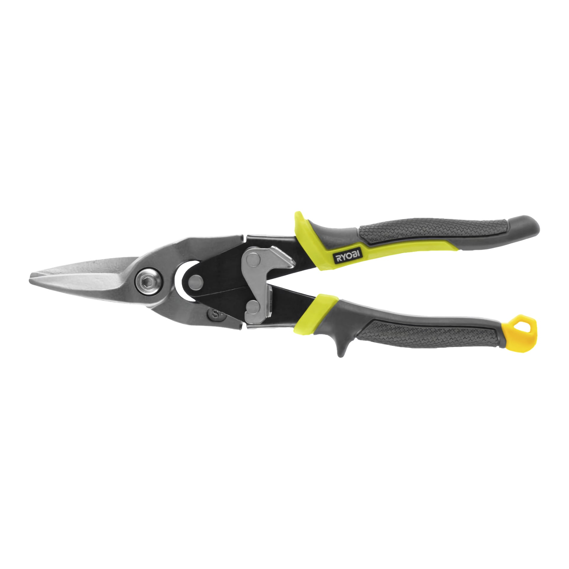Ryobi Metal Saxs RHASS med svarta och gula handtag, silverblad lämpade för att skära plåt och ett hänghål i spetsen på varje handtag.