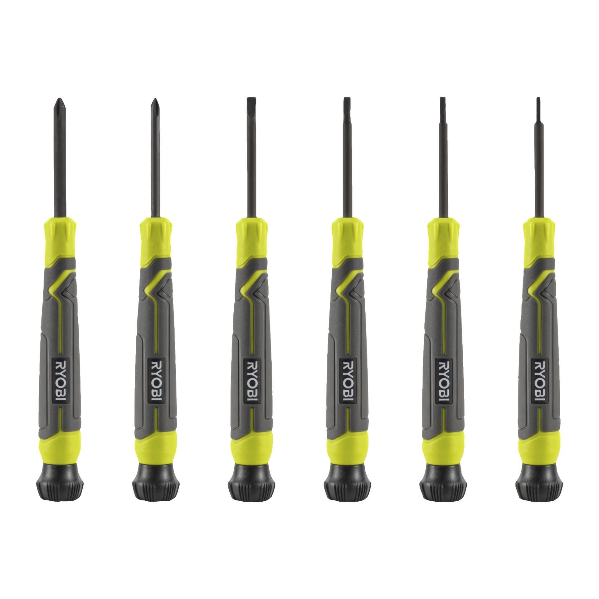 Sex Ryobi Precision Screwdrivers Set RHSDSPC6 skruvmejslare är arrangerade i en vertikal rad, var och en med svart skaft och handtag i grått och neongult. Setet innehåller både flathead- och Phillips-skruvmejslar.