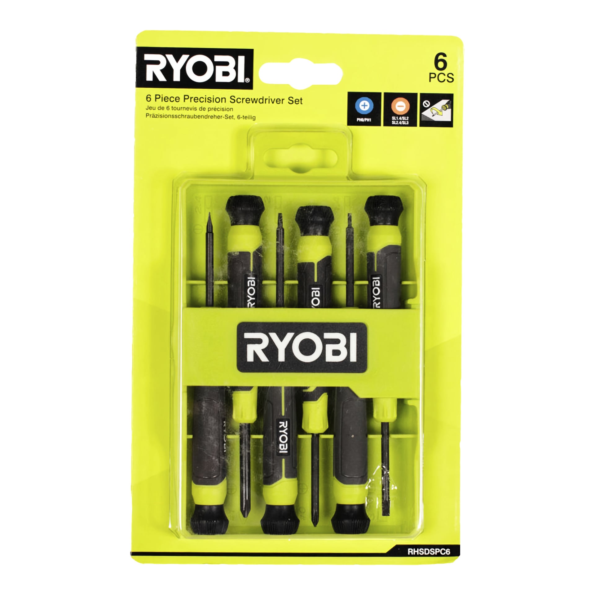 Ryobi Precision Screwdriver Set RHSDSPC6 inkluderar sex skruvmejslare i olika storlekar, vertikalt organiserade i en plasthållare och inneslutna i svart och grön blisterförpackning.