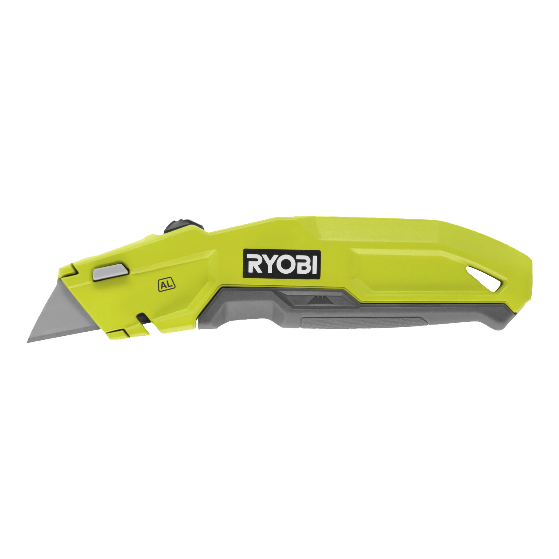 Sidoprofil av Ryobi Universalkniv RHCKF-1, med sitt gula ergonomiska handtag och infällbara blad, med den framträdande Ryobi-logotypen på handtaget.