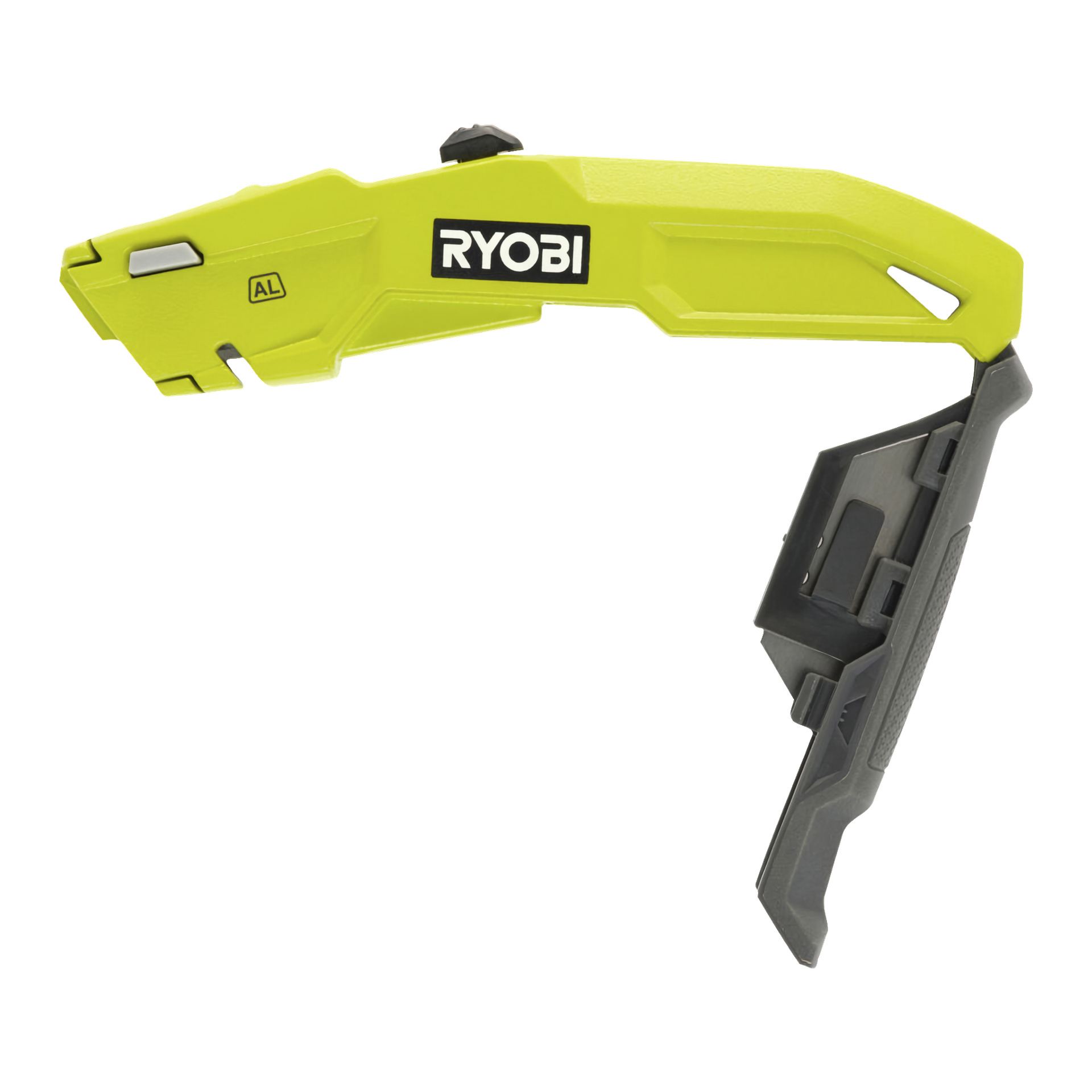 Ett grönt handtag Ryobi Universal knivtillbehör, RHCKF-1, med svarta detaljer och kantig form. Handtaget har Ryobi-logotypen och "AL" är markerat på enheten. En grå del sticker ut nedåt och utåt från huvudkroppen.