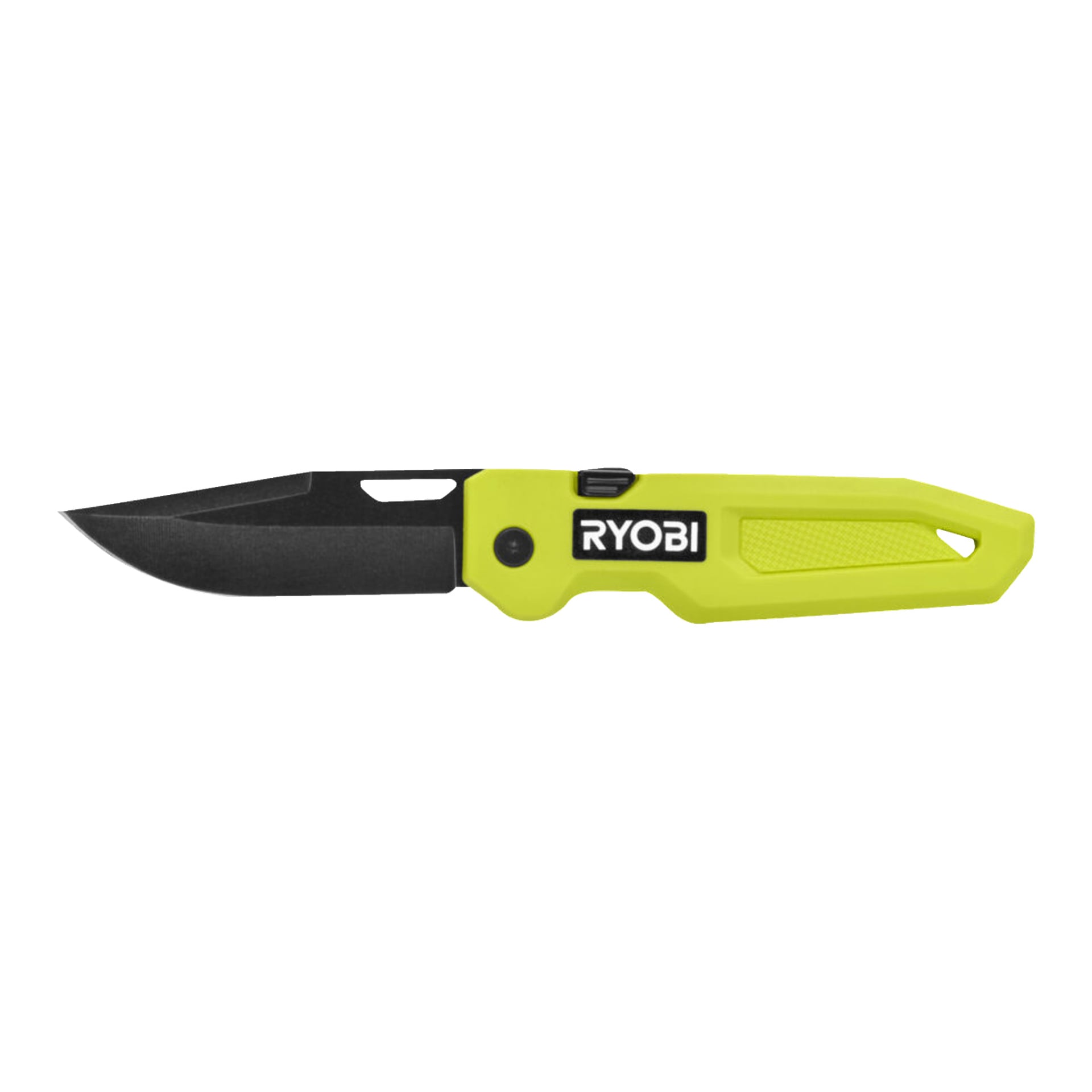 En Ryobi Jack Knife RHCKF-3 med svart blad och ett starkt gulgrönt handtag, som visar Ryobi-logotypen och är utrustad med tumbrytare för enkel bladfrigöring.