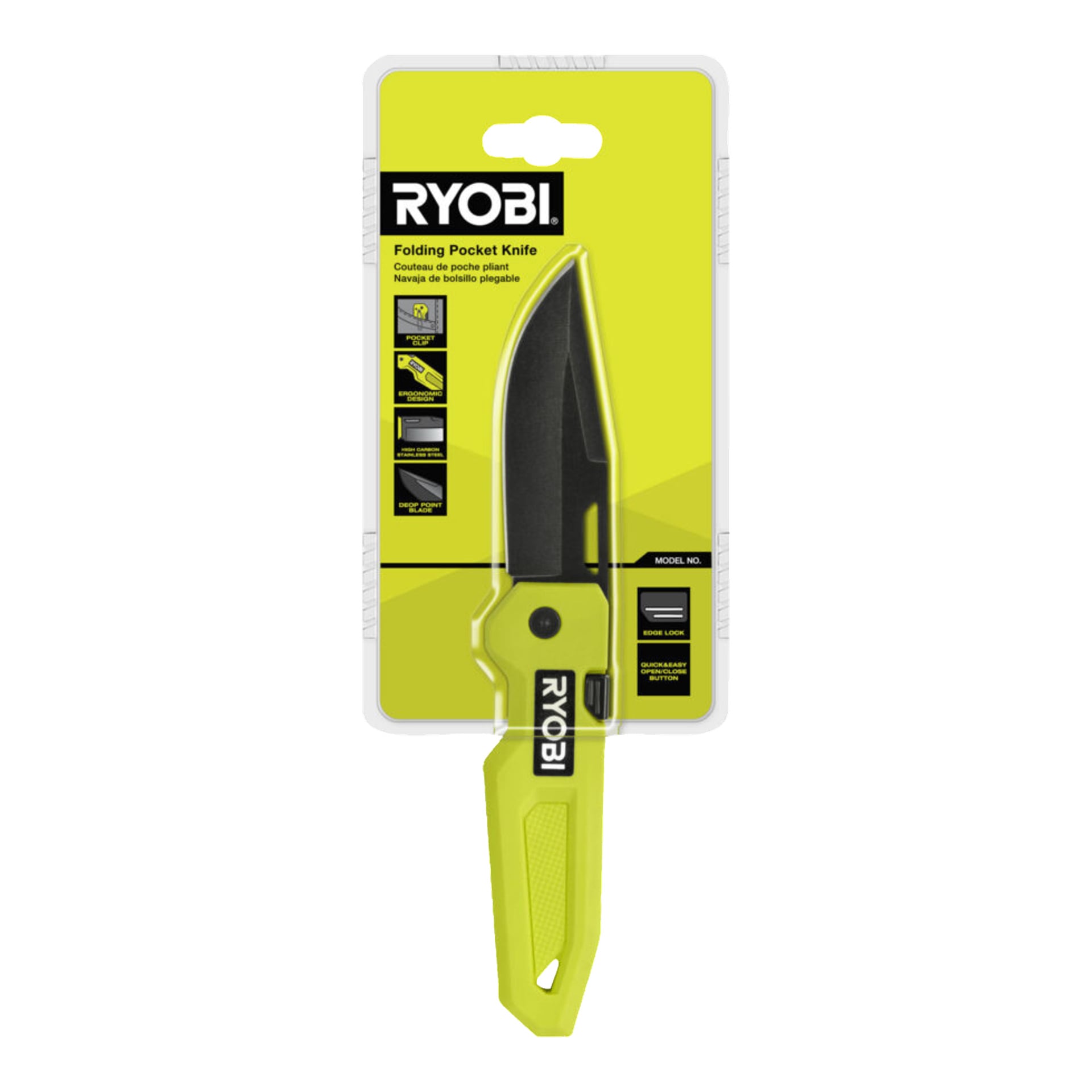 En Ryobi Jack Knife RHCKF-3 visas inuti dess gula och svarta förpackning med synliga produktdetaljer och varumärke. Kniven har ett grönt handtag och ett delvis utfällt svart blad.