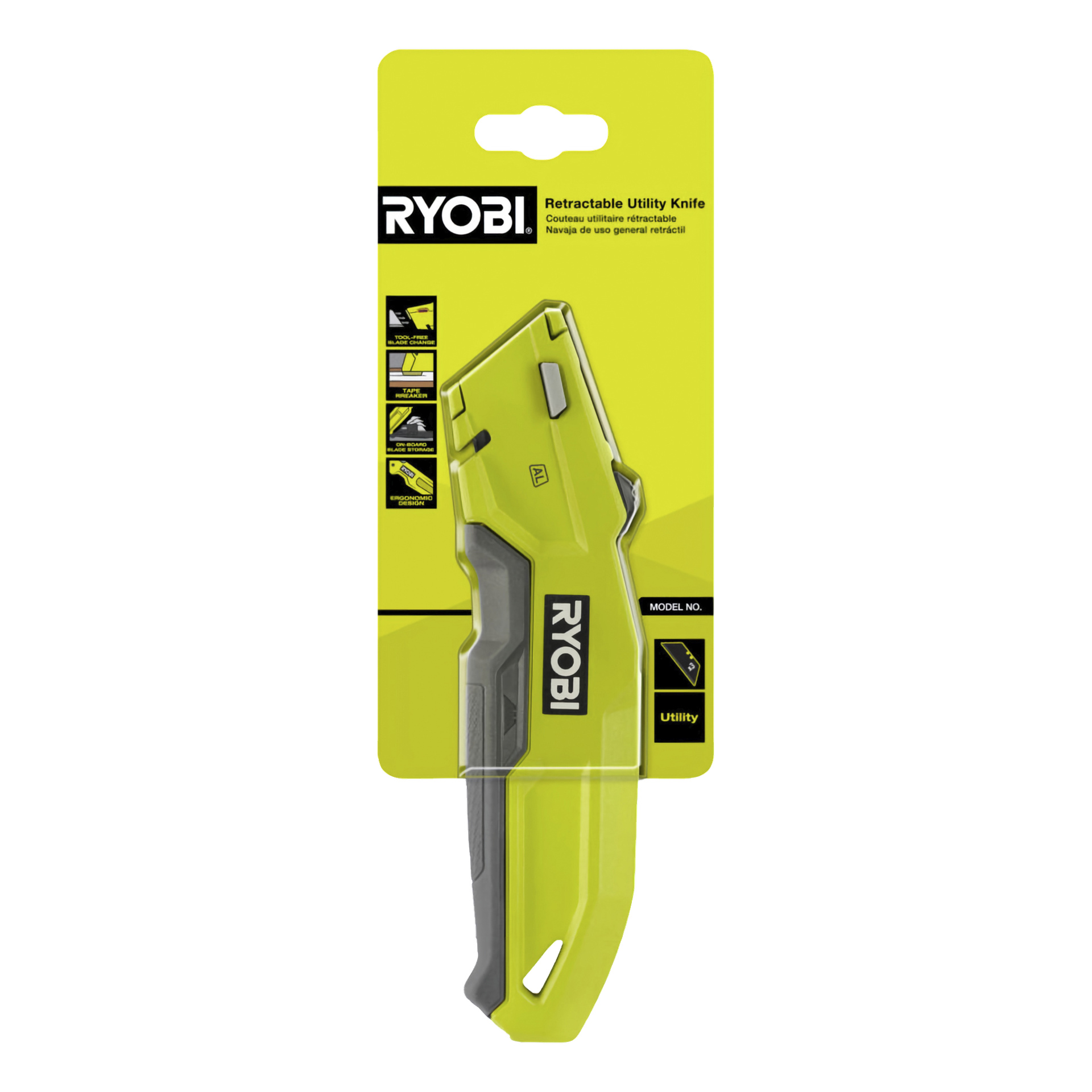 Ryobi Universal Knife RHCKF-1, som visas i gult och grått med Ryobi-logotypen, är förseglad i plast- och kartongförpackningar. Framsidan av paketet visar huvudfunktioner och instruktioner längs vänster sida.